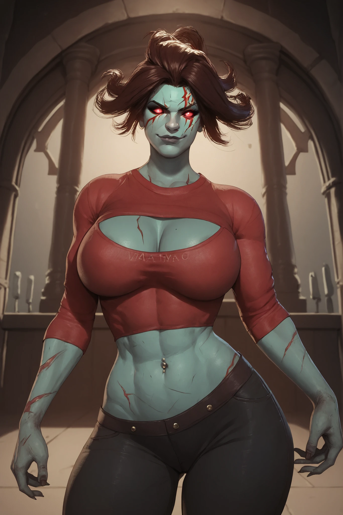 SW_Zombie, 1girl, blue skin, red eyes, face scars, ancient tomb, red strap shirt, black pants, navel piercing, smirk, large breasts