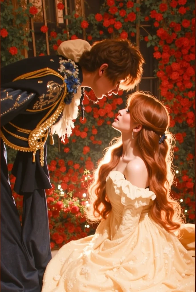 Teenage man, orange hair, anime style, the prince of the place,   a teenage woman, Blonde, anime style, she is the princess of the place