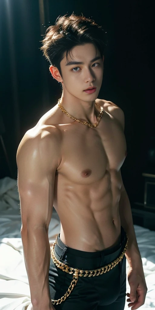 ((best quality)), ((masterpiece)), (detailed), 1 boy, 20 years old，Korean male model, Short black messy hair, heavenly handsome 男性 face, detailed eyes,happy expression, ???? , ???????, 6 pack abs, body slightly thin,nothing to wear, Completely ?????, actual,, ultra high definition images, 8k, photo-actual, epic lights, sharp focus, actual, Romantic,