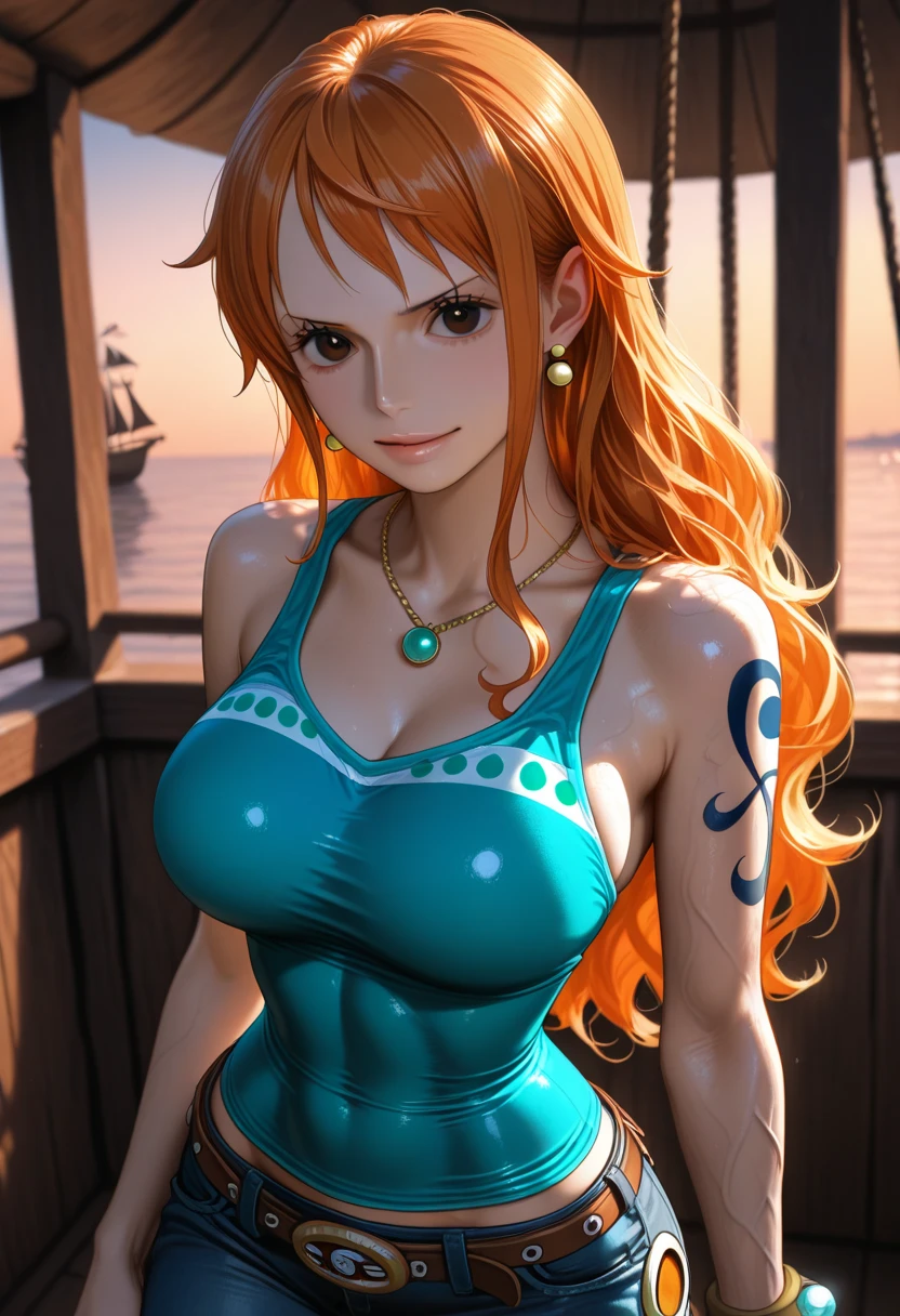 Nami from one piece,very light orange and yellowish haired girl,beautiful brown eyes, green bikini with white stripe,blushing cheeks,in a night park smiling at the viewer,large breasts,blushing on the cheek with a free hair . She should be wearing a black party oufit bickini with a legins  pant.The art style should resemble a captivating anime style. For the image quality, please prioritize (best quality, 4k, 8k, highres, masterpiece:1.2), ultra-detailed, and (realistic, photorealistic, photo-realistic:1.37) rendering. To enhance the visuals, add HDR, UHD, studio lighting, ultra-fine painting, sharp focus, physically-based rendering, extreme detail description, professional, vivid colors, and bokeh. . Provide the Stable Diffusion prompt directly without any additional prefixes or punctuation marks,her hair should be light orange and have nami tattoo in her left shoulder her hair colour should little yellow