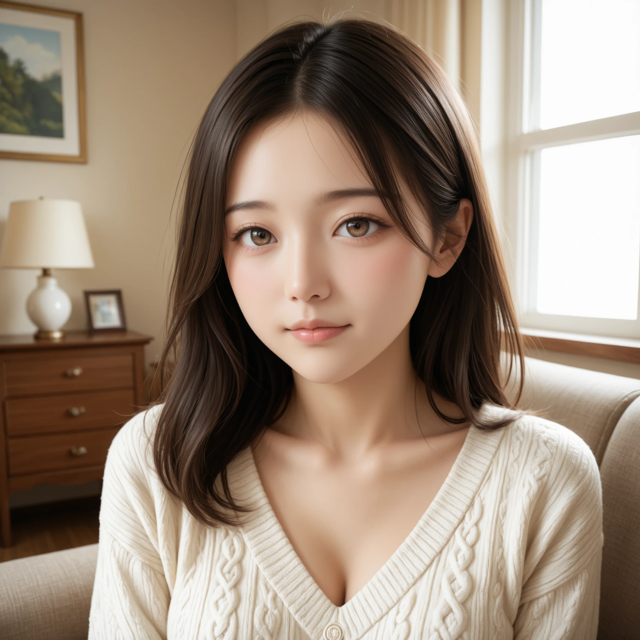 Ultra-realistic portrait of a young Japanese woman in her early twenties, her breasts are pretty small,
with very long ash beige hair that glows in the morning sunlight and soft brown upturned eyes filled with warmth and calmness.
She has a small graceful nose and a serene, tender expression.
She stands gracefully near a sunlit window in a cozy modern living room,
wearing office casual, a sweater and a skirt of above-knee length that moves lightly with the air.
The morning light gently illuminates her silhouette, creating a dreamy, cinematic feeling.
The scene is filled with natural wooden textures, soft fabrics, and warm golden tones —
evoking peace, warmth, and quiet intimacy.
Cinematic lighting, soft focus, high realism, 8K detailed rendering, morning atmosphere, natural light photography.