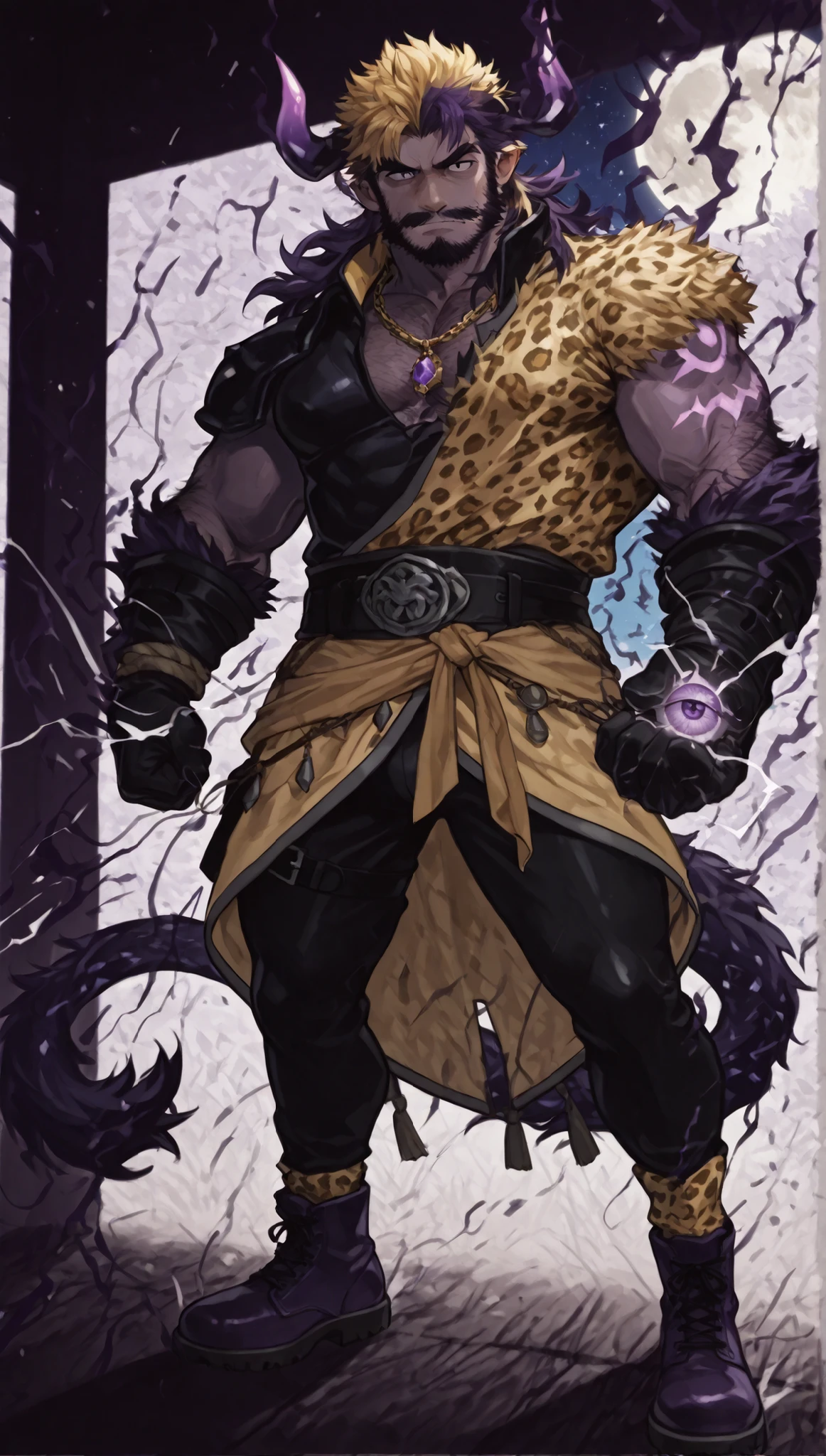 musculoskeletal protuberance々whose tip is charged in purple。digital art style、High Quality。
hairstyle： , spiky purple hair on both sides,、, a bright blonde hair in the center line of his bangs,（blonde）hair with a blue-greenish light blue。, two horns,。
facial hair： , purple sideburns（sideburn）、 and a purple beard、He is depicted with a purple mustache。
Body hair： 彼のBody hairはすべて紫色である。
Outfit： , heavy black shoulder armor with a purple jewel on one shoulder,、Gold Necklace。, a leopard print loincloth around his waist, and black pants,、, heavy boots,。 there is an eyeball motif on his belt,。
effect： Both hands are wrapped in an ominous aura of dark purple darkness and purple thunder、, chains wrapped around his arms,。
Background： , a huge full moon and starry sky behind him,。, the sky is a magic hour gradient,（, orange to dark blue）Depicted in 。