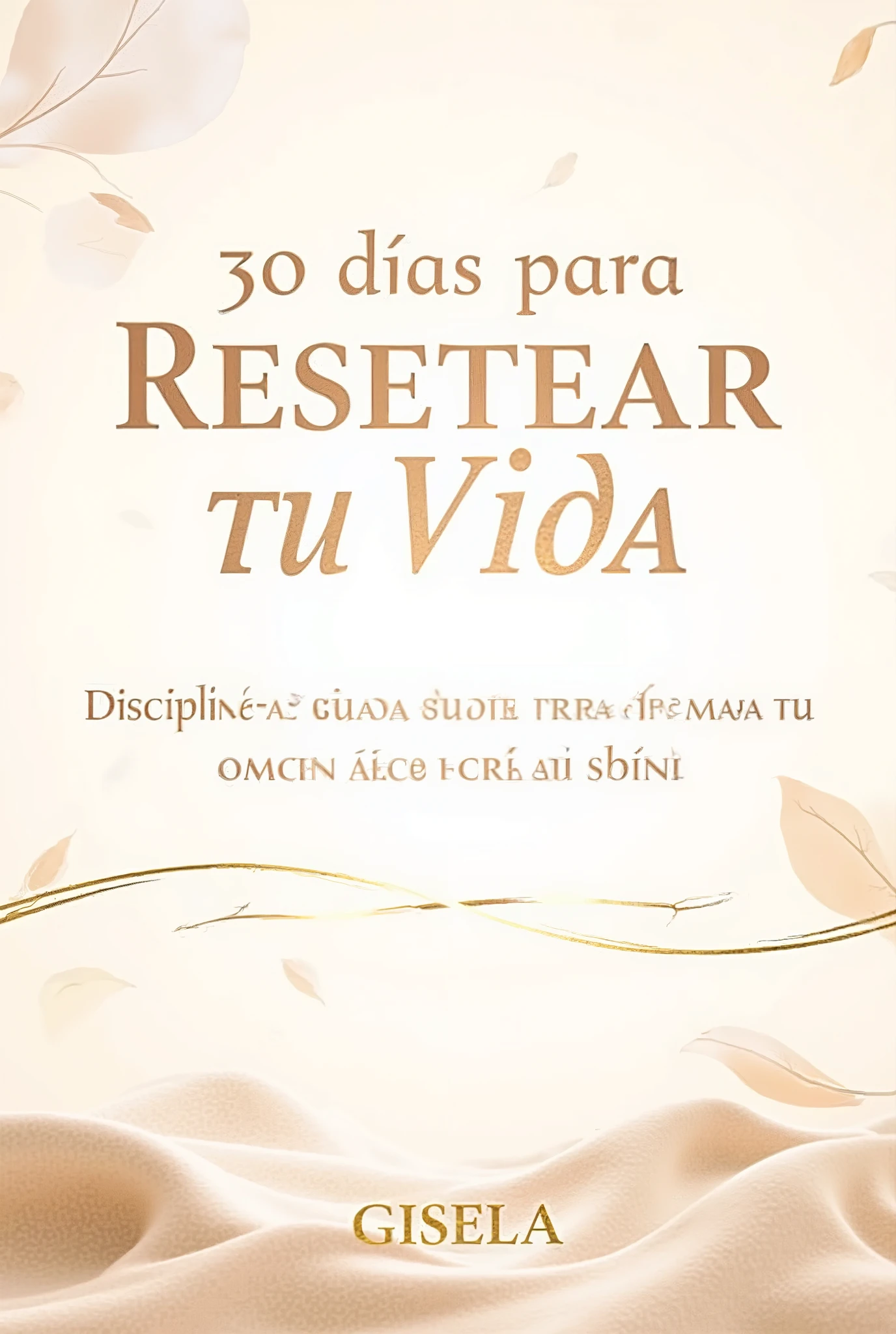 aidmatextimprover,book_cover, title "30 días para Resetear tu Vida" written by "Gisela", nude minimalist background, soft beige and cream tones, warm lighting, gentle gradients, subtle paper texture, calm and elegant atmosphere, wellness aesthetic, mindfulness style, gentle abstract shapes, thin gold-beige line accents.
The cover depicts a clean, peaceful and minimal scene with a smooth nude background in ivory and sand tones. Soft, warm light creates a serene glow, with a subtle paper-like texture adding depth. Delicate abstract shapes in beige and almond tones float softly in the background, giving a gentle sense of balance and harmony. Thin, elegant gold-beige lines add a touch of sophistication without overwhelming the minimal composition. No people or clutter appear in the scene—only calm, space and softness.
The title "30 días para Resetear tu Vida" appears centered at the top in large, elegant serif typography, warm brown color, slightly spaced lettering for a luxurious feel. The subtitle “Disciplina suave para transformar tu día a día sin presión” is placed below in a clean, modern sans serif. At the bottom, the author name "Gisela" is written in a subtle, refined font.
The overall tone is soothing, warm, calm, minimal, elegant and uplifting, reflecting themes of bienestar, transformación suave, claridad mental y autocuidado.