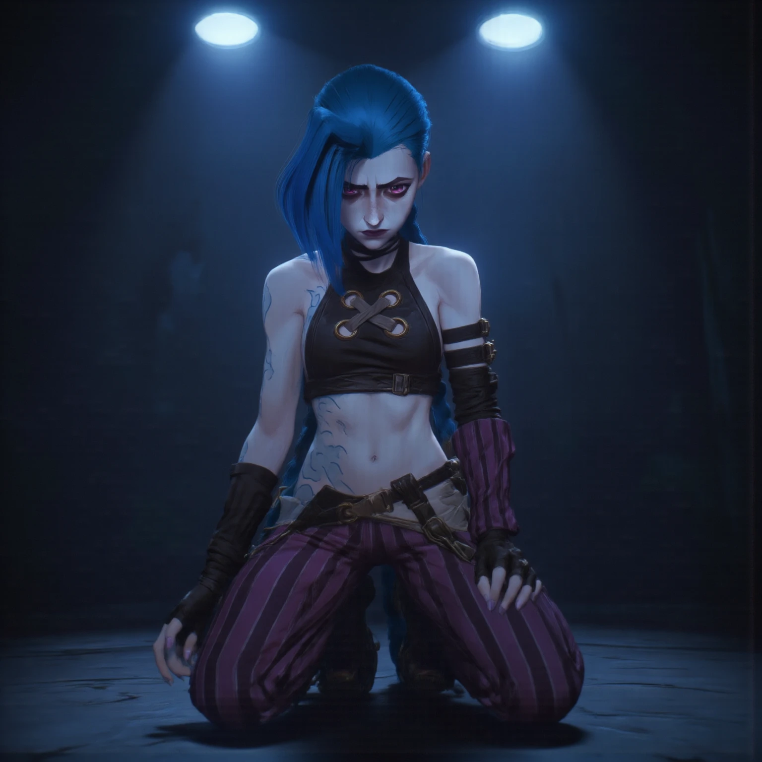 Score_9, score_8_up, score_7_up, score_6_up,  yamanba, source_anime, 1girl, solo, white background, abstract rectangular background, upper body, looking at viewer, BREAK, brown hair, pink hair, (two-tone hair),  nose ring, hoop earrings, BREAK, cyan lips, very colored skin, jet-black skin, (jet-black skin),  (yamanba, white facepaint makeup:1.3), eyeshadow, (leopard print microdress:1.3), fur trim,  shoulders, off shoulder, white choker, hair ornament, (, , slip, tattoos, piercings),  (white , long braid,undercut:1.3), alex, green eyes, braid, orange hair, green shirt, brown pants, boots, full body