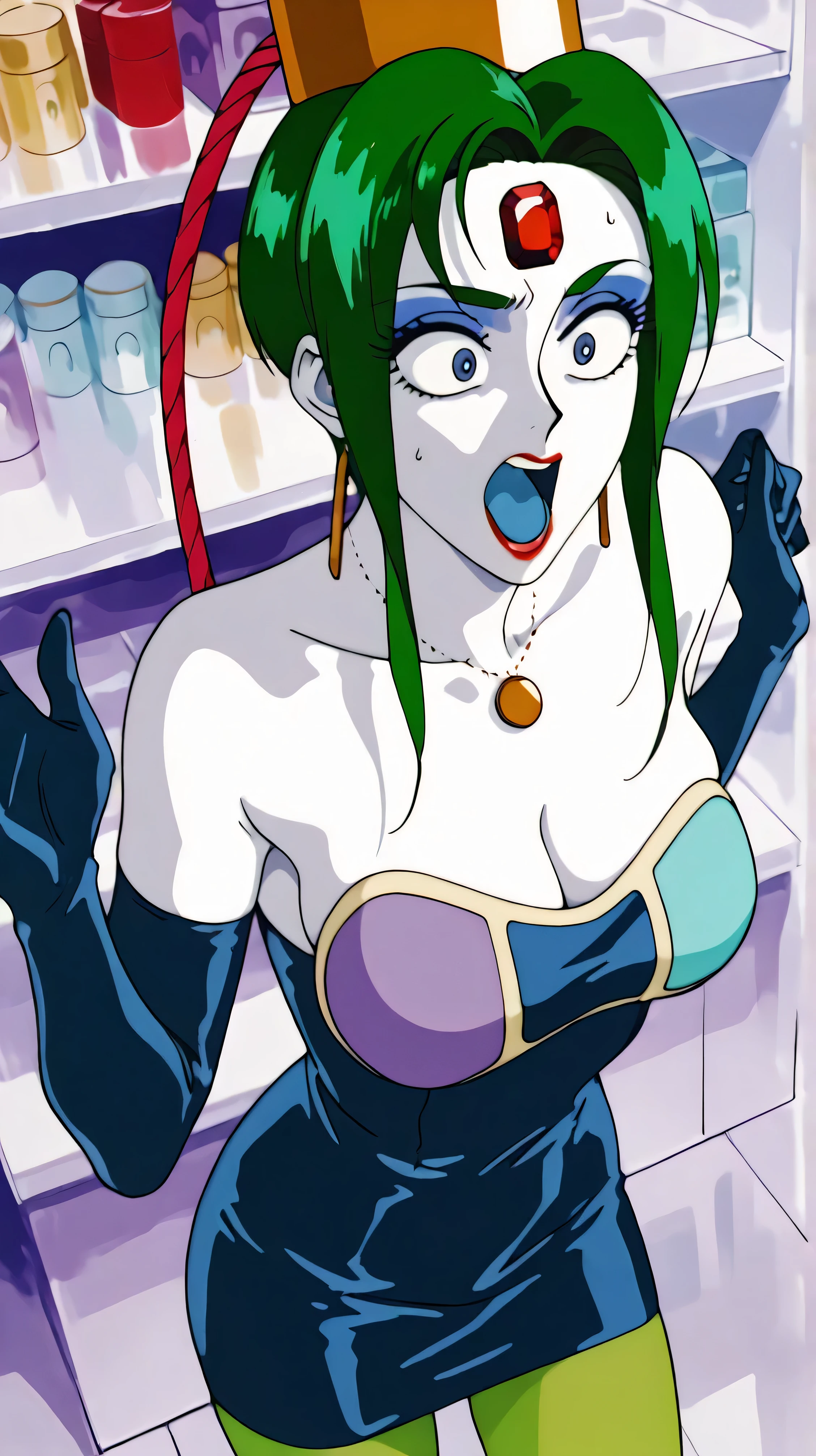 score_9,score_8_up ,score_7_up ,so pretty:5.0, masterpiece, high definition, ,she has a perfect face:5.0, very cute face, full nude :5.0, retro anime style, , heavy makeup:9.0 , green hair, white skin:5.0 , Red jewel on forehead, Red Lipstick, big bright blue eyes, very surprised expression , , , , gold round necklace with raised hands, Transcendental Slim, very large eyes, Very dark eyeliner, white cosmetic shelf, Wide Open Mouth, Blue Tongue, very desperate face, very thick eyeliner, I look back at the store, I took a step back, I begged for my life, I'm scared, Navy Latex Bodycon Dress, green pantyhose, dark blue super long gloves, gold cap with red hose, very wide open hand, very wide open legs, VERY STRONG LIGHT FROM THE FRONT, Unruly Breasts, Strongly Frightened Despair Face