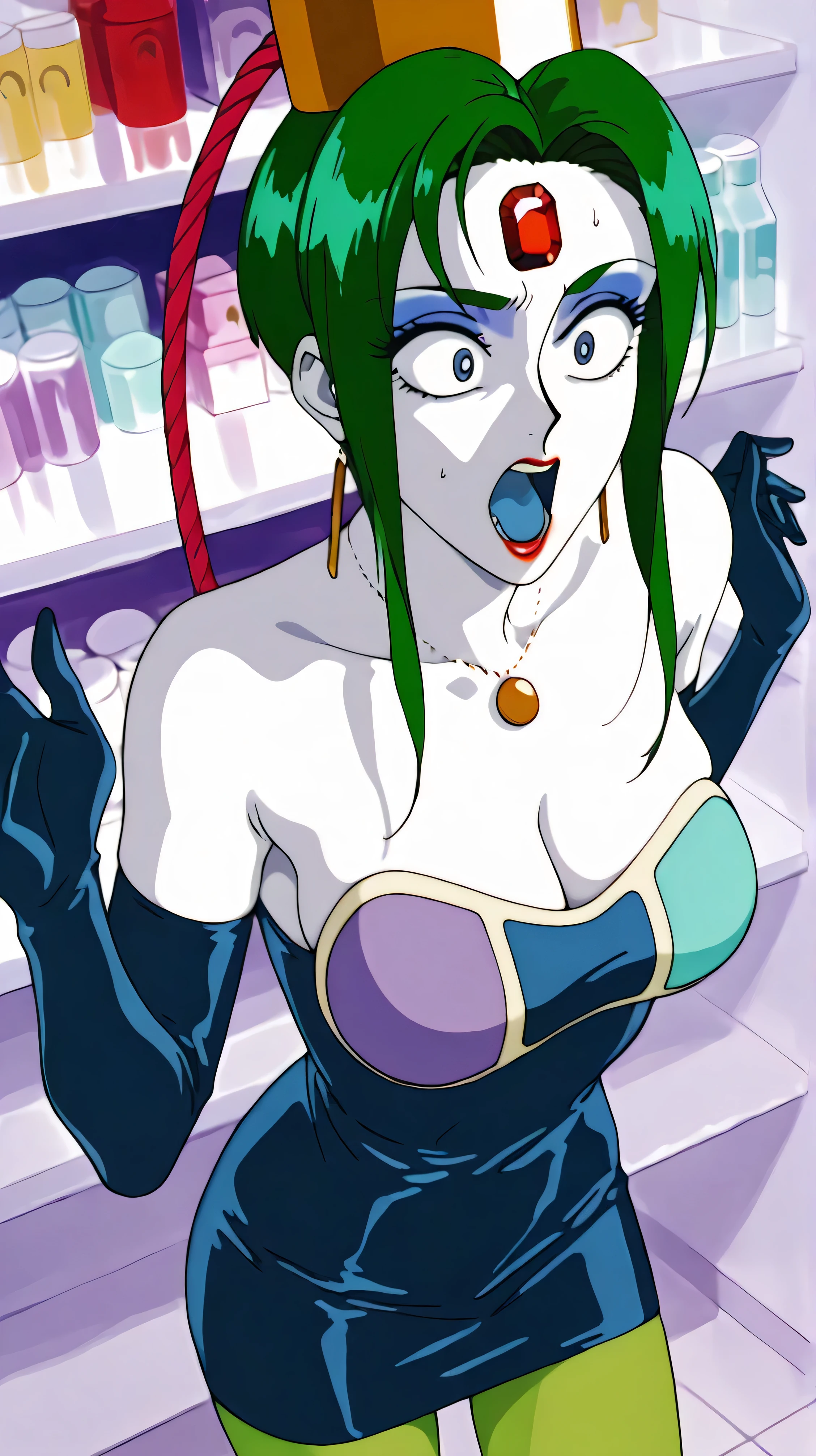 score_9,score_8_up ,score_7_up ,so pretty:5.0, masterpiece, high definition, ,she has a perfect face:5.0, very cute face, full nude :5.0, retro anime style, , heavy makeup:9.0 , green hair, white skin:5.0 , Red jewel on forehead, Red Lipstick, big bright blue eyes, very surprised expression , , , , gold round necklace with raised hands, Transcendental Slim, very large eyes, Very dark eyeliner, white cosmetic shelf, Wide Open Mouth, Blue Tongue, very desperate face, very thick eyeliner, I look back at the store, I took a step back, I begged for my life, I'm scared, Navy Latex Bodycon Dress, green pantyhose, dark blue super long gloves, gold cap with red hose, very wide open hand, very wide open legs, VERY STRONG LIGHT FROM THE FRONT, Unruly Breasts, Strongly Frightened Despair Face