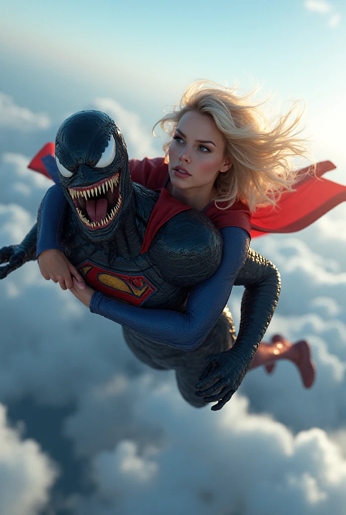 Supergirl is fighting with a big alien monster, very bright white skin, can see whole body, She is wearing a thin black pantyhose, short red leather fabric skirt, red knee height long boots, blonde hair, lighting green collar on her neck, She is screaming in pain, seriously injured, painful, a huge body fierce Alien Monster hold and carry Supergirl body, the Alien Monster seize her body tightly and bite her neck, photorealistic, hyper realistic, night time on the Mar with moon lighting,
