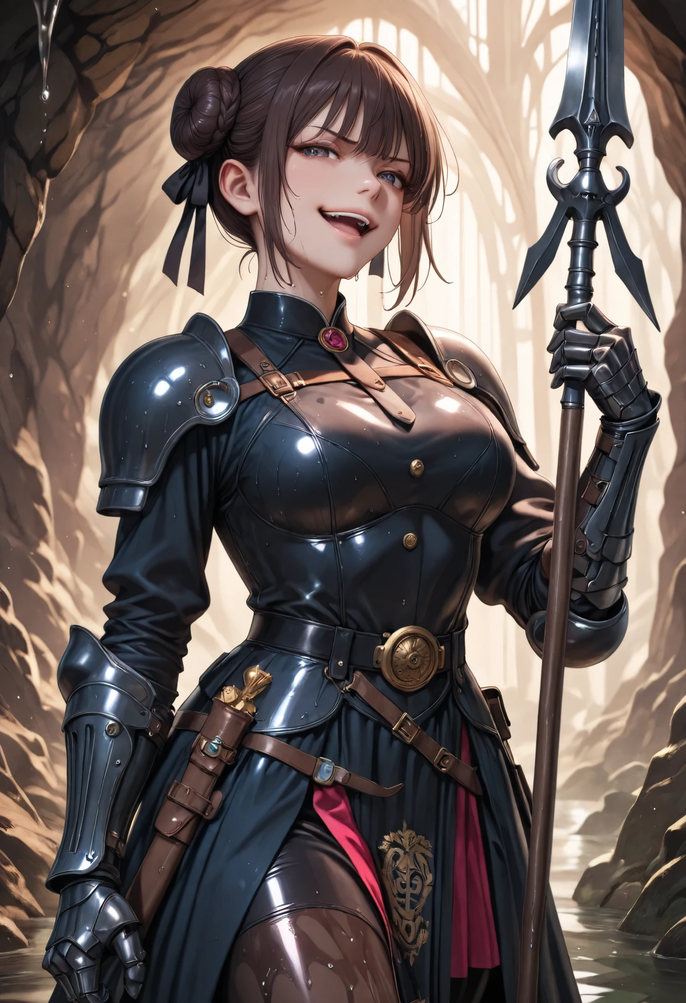 a girl, 

((dark brown hair styled into a low chignon bun at the nape of the neck, loosely twisted with soft volume, secured with a black ribbon tie, gentle center part with curtain bangs, face-framing tendrils on both sides, smooth and polished texture with a subtle gloss)),  
((medium ), (glamorous body)), ((adult face), (beautiful)), 
((navy eyes), (eye highlight, multi-layered irises, moist eyes, reflected light in eyes)), 
((False eyelashes)), 

(赤面:1.2, (open mouth), (smug smile, glaring eyes)), 

((armored skirt, leggings, asymmetric leather gauntlet, engraved knight belt, lightweight ranger boots), (holding spear),   
 

(background: dark damp cave with thick mud on the ground, stalactites overhead, dripping water, narrow passageways, wet cave walls reflecting light, mist and fog in the air),  

((fighting stance)),  

(freeze-frame action, vivid colors), 
deepstroke3, 
(cowboy Shot), 
(from front),   

(high contrast, deep shadows, rich color tones, muted colors),  
(best quality), (masterpiece), (semi-realistic), ultra-detailed, high resolution, (anatomically correct), (Realistic shadows), 8k resolution, score_9, score_8_up, score_7_up, 
(in a high-rendered anime style with detailed shading, smooth gradients, and polished lighting effects, combining vibrant colors and expressive features with a semi-realistic finish), 
