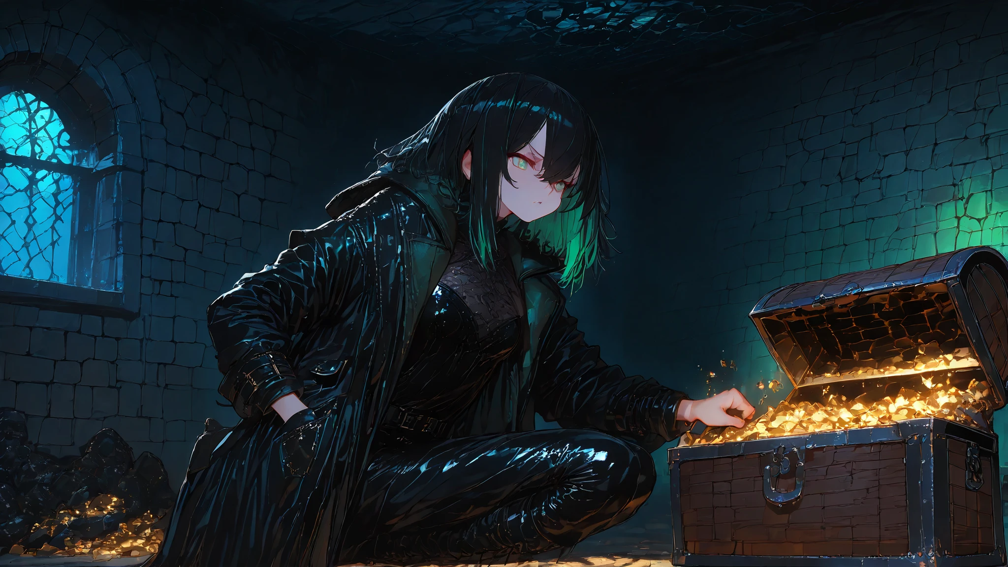 furrygirl,shiny,masterpiece, best quality, ultra highres, anime girl rogue, slender build, short black hair with green highlights, leather stealth outfit with hidden pockets, lockpicking ancient treasure chest, hidden dungeon chamber, cobwebs in corners, forgotten artifacts scattered around, glowing magical traps, tense atmosphere, moonlight through cracked ceiling, detailed stone textures, Dungeon Fighter inspired setting