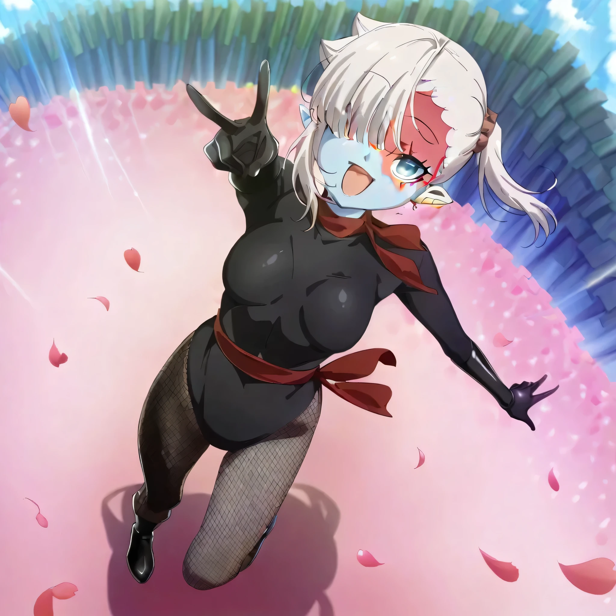 (((Masterpiece))), (((Best Quality))), ((Super Detail)), ultra-High resolution, score_9,score_8_up,score_7_up,score_6_up,score_5_up,score_4_up, BREAK, source_anime, anime screencap, uncensored, Masterpiece, (best shadow), (absurdres), (detailed background), (very aesthetic), detailed beautiful eyes, outstanding, an exquisite animation illustration, curvy, highres, shiny clothing, dark persona, empty eyes, blank eyes, shocker, black leotard, latex elbow gloves, brown fishnet pantyhose, red sash, neck, makeup, colored skin, (((red skin))), (((solo, 1girl))), hair ornament,  pose, submissive pose, anime style, anime coloring, animification, megami magazine,  pose, dynamic angle, cinematic angle, dutch angle, dynamic composition, small , Ishikawa Luna, grey hair, pointy ears, blue eyes, medium hair, hair over one eye, single sidelock, side ponytail, scrunchie, earrings, side ponytail, hair flaps, ear piercing, dappled light, sunbeam, heart background, petals, flower petals, flower, jumping, in flight, floating, flying, v, v on eye, happy, smile, open mouth, tilt head, head tilt, dynamic pose, knee up, leg up, flower field, wind, windy, floating hair, full body, 