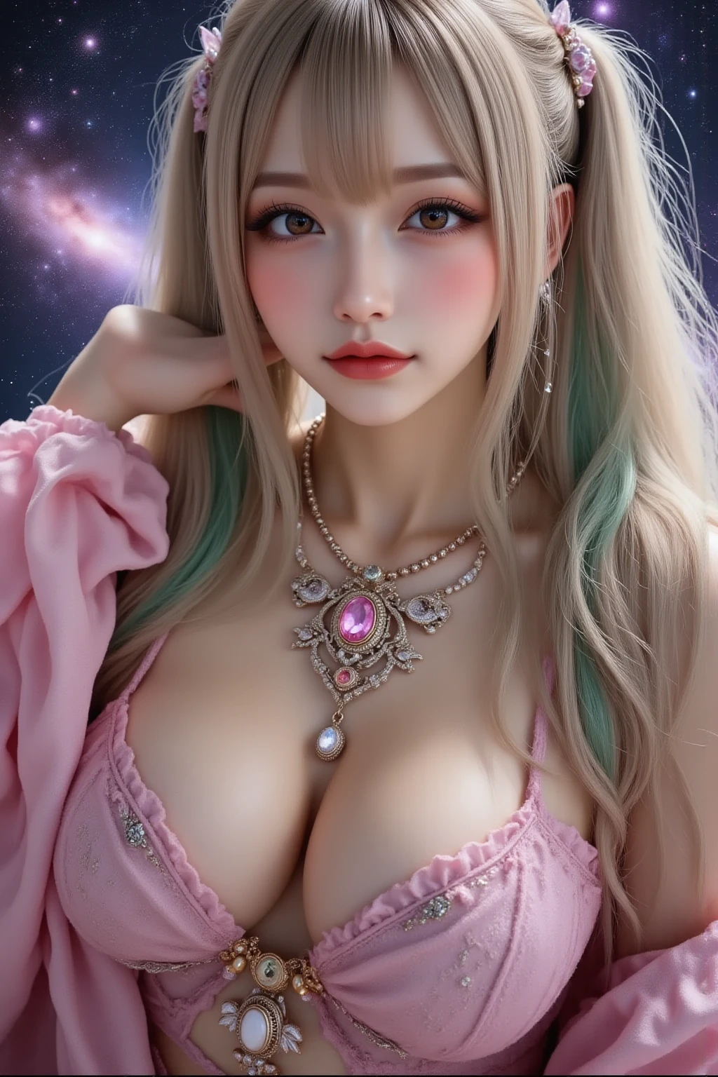 (realistic, highest quality: 1.4), (woman,smile(shining hair,Pink layered on silver blonde), (blue eyes)),((Please show me your armpits)),(rubber 1.5),(corset 1.5)lace underwear,Pearl Accessories,Lace embroidery,headdress,choker,gloves up to the elbow,garter stockings,cloak,(Rainbow-colored)),(fantasy)(background,symmetrical,Rose)
