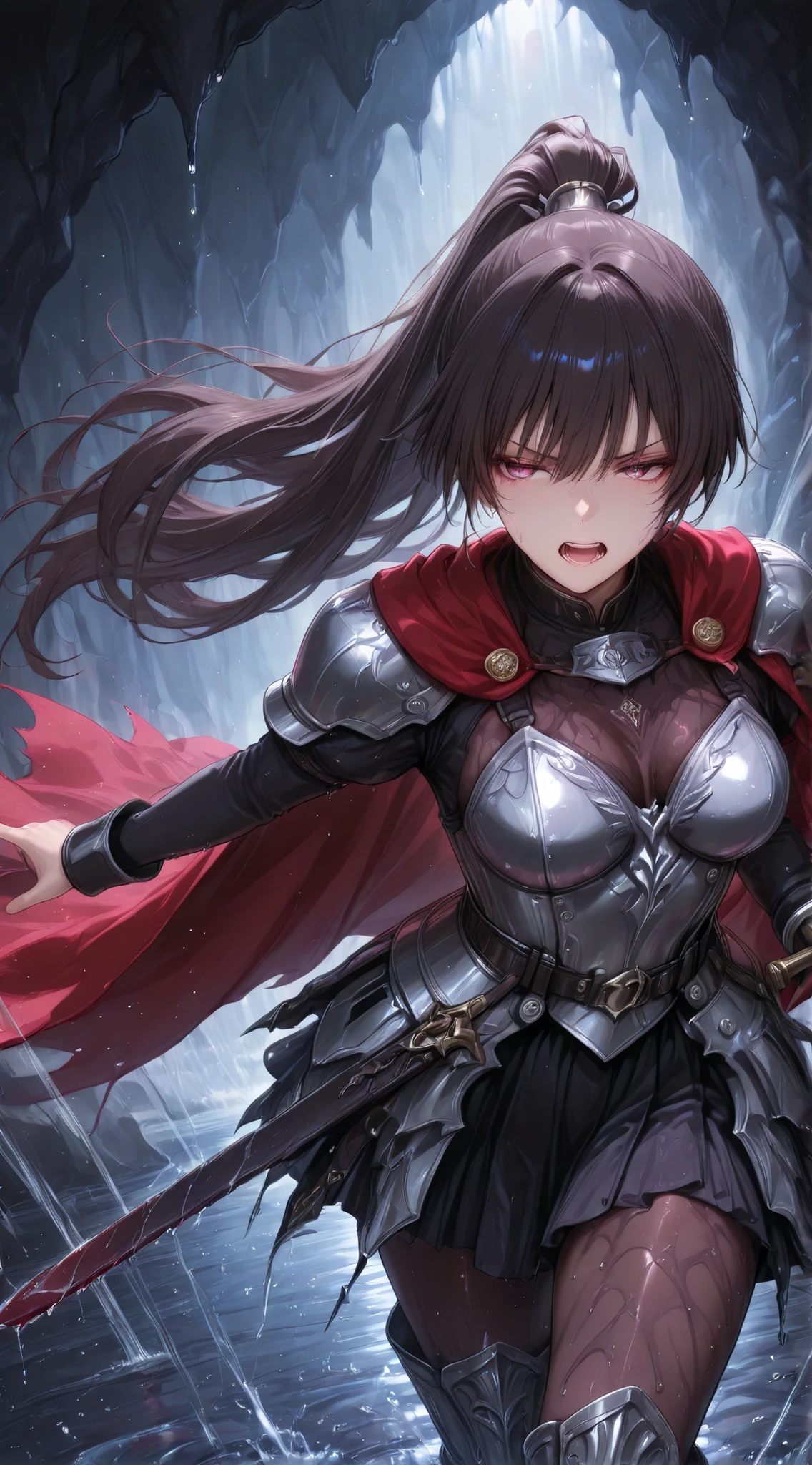 1girl,
((long navy hair pulled up into a high ponytail, hair flowing freely down the back with a slight outward curve, bangs swept to the sides, a few dynamic strands framing the face, lightly wind-blown and shiny texture)),
((medium ), (glamorous body)), ((adult face), (beautiful)),
((navy eyes), (eye highlight, multi-layered irises, moist eyes, reflected light in eyes)),
((False eyelashes)),
(赤面:1.2, (open mouth), (fierce expression, glaring eyes)),
(shiny silver armor breastplate, armored skirt, engraved knight belt, decorative long boots, red cape), (holding sword),
(background: dark damp cave with thick mud on the ground, stalactites overhead, dripping water, narrow passageways, wet cave walls reflecting light, mist and fog in the air),
((fighting pose, running, reaching out with hand)),
(freeze-frame action, vivid colors),
deepstroke3,
(cowboy Shot),
(from front),
(high contrast, deep shadows, rich color tones, muted colors),
(best quality), (masterpiece), (semi-realistic), ultra-detailed, high resolution, (anatomically correct), (Realistic shadows), 8k resolution, score_9, score_8_up, score_7_up,
(in a high-rendered anime style with detailed shading, smooth gradients, and polished lighting effects, combining vibrant colors and expressive features with a semi-realistic finish),