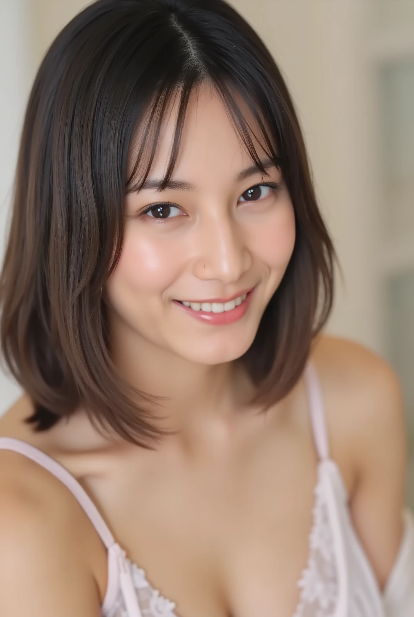 ( super real) , ( high image quality ) , (8k) , ( Very Detailed) , ( top quality) , ( Super Detailed) , (masterpiece) ,bust up shot. (). Japanese woman. glamorous body, short bob hair hugging the Earth.Accurate Finger