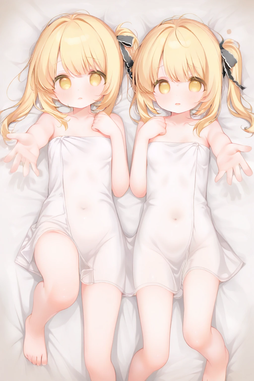 (((Shinymas、Toru Asakura:1.3)))、(((High resolution:1.5))), (((Very detailedな:1.5))), (((Two Girls:1.3))),((７Head to Body:1.3))、 (((White bed))),(((Bright interior、Midday light background)))、(((Beautiful and detailed eyes:1.3))), (((Very detailed))), (((Details face:1.5))), (((Very delicate body:1.5)))、(((Small ???????:1.3)))、((Small waist))、(((belly button)))、、(from side:1.1),(((Blonde)))、(((very short hair:1.5)))、(((Normal limbs)))、(((White Dakimakura:1.3)))、(((????:1.5)))、((moving:1.3))),