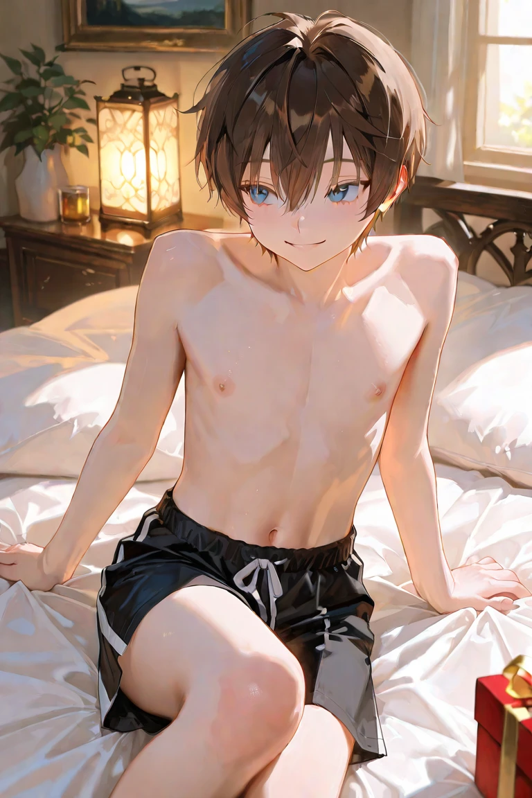 source_anime,score_9,score_8_up, score_7_up, 1boy,solo,outdoors, apex legends, wattson, face closeup, face focus , couch, indoors, seductive, face closeup, ((closed mouth)), smirk, thighs, long shot, balcony, mountain and riverbackground, fancy, white couch, laying, leaning, front view, exposed penis, shorts with rope outline, white robe, genderswap, genderbend, bulge, genderbend ftm, ftm, short hair, femboy, Japanese rope underwear, shota, young, very young, aged down, lole, tiny, night time, smug, smirk, night, after dark,  cannopy curtain, curtain, fancy cannopy curtian, medium penis, messy hair