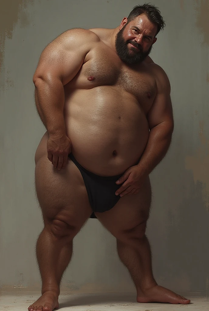 an extremely overweight fat and very hairy black old  man walks backwards in a white room. He is depicted completely from head to toe and seen from the side. He looks very unkempt. It looks very realistic.