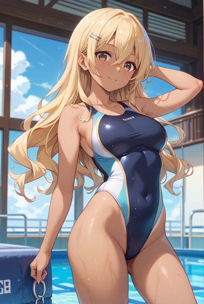 score_9, score_8_up, source_anime, 1girl, solo, KlaudiaValentz, long hair, side braid, hairband, white hair bow, one-piece swimsuit, poolside, sitting, soaking feet, smile, <lora:ChamKlaudiaValentzPonyXL:1>