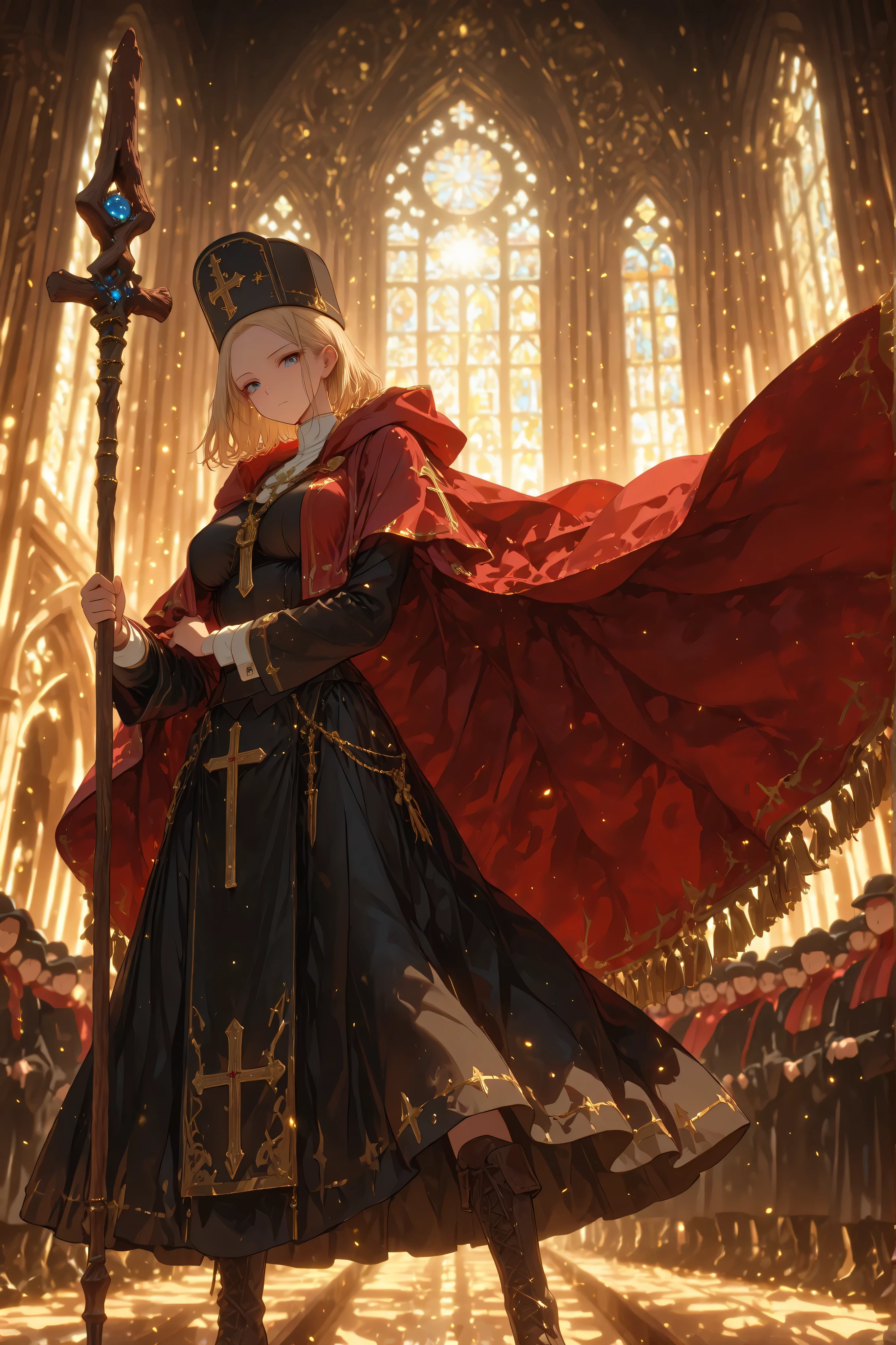 masterpiece, ultra detailed, 8k, highly detailed face, beautiful and meticulous blue eyes, head down, looking at viewer, (Fantasy), Young beautiful, dynamic pose, legs apart, kind face, expressionless, Blonde hair, ultra short hair, forehead, (Priest), action pose, wood necklace, clergy hat, (long red cloak) fluttering in the wind, (dark dull red ultra fit Priest robe), (long skirt), (low boots), (put long wood staff on near side), Midday Sun, Body model, medium breasts, Beautiful breasts, (in the believer crowd church:1.3), cowboy shot, 