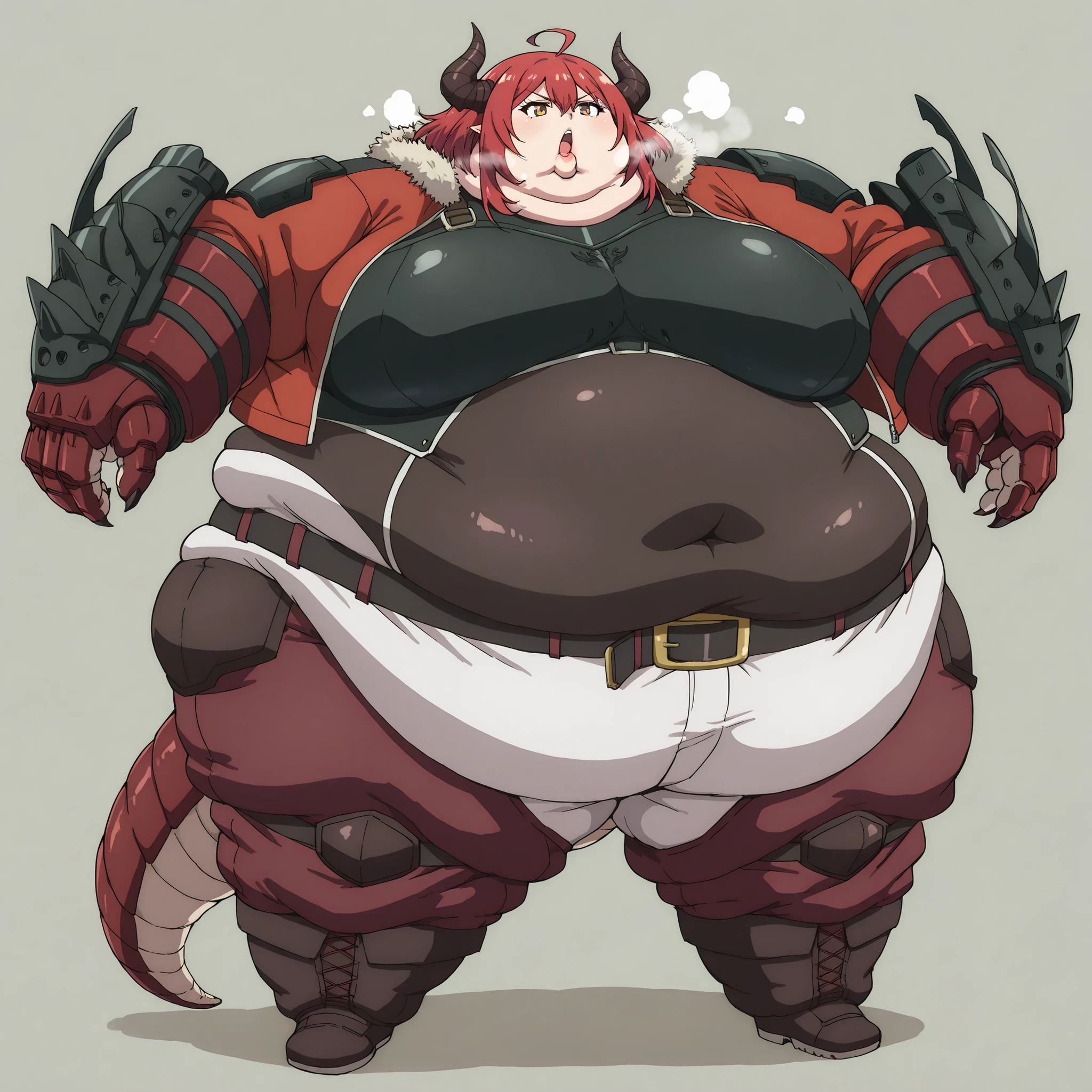 Curran
ahoge, covered navel, jacket, open jacket, red jacket, armor, belt, pants, boots, gloves, tail, breasts, fat, chubby, obese, fat neck, multiple chins, big breasts open mouth, out of breath, Larger female, full body shot, only head, large head, oversized limbs, large hands, large feet, oversized feet, oversized fingers, big lips, plump lips, fat face, fupa, big fupa, fat fupa, 