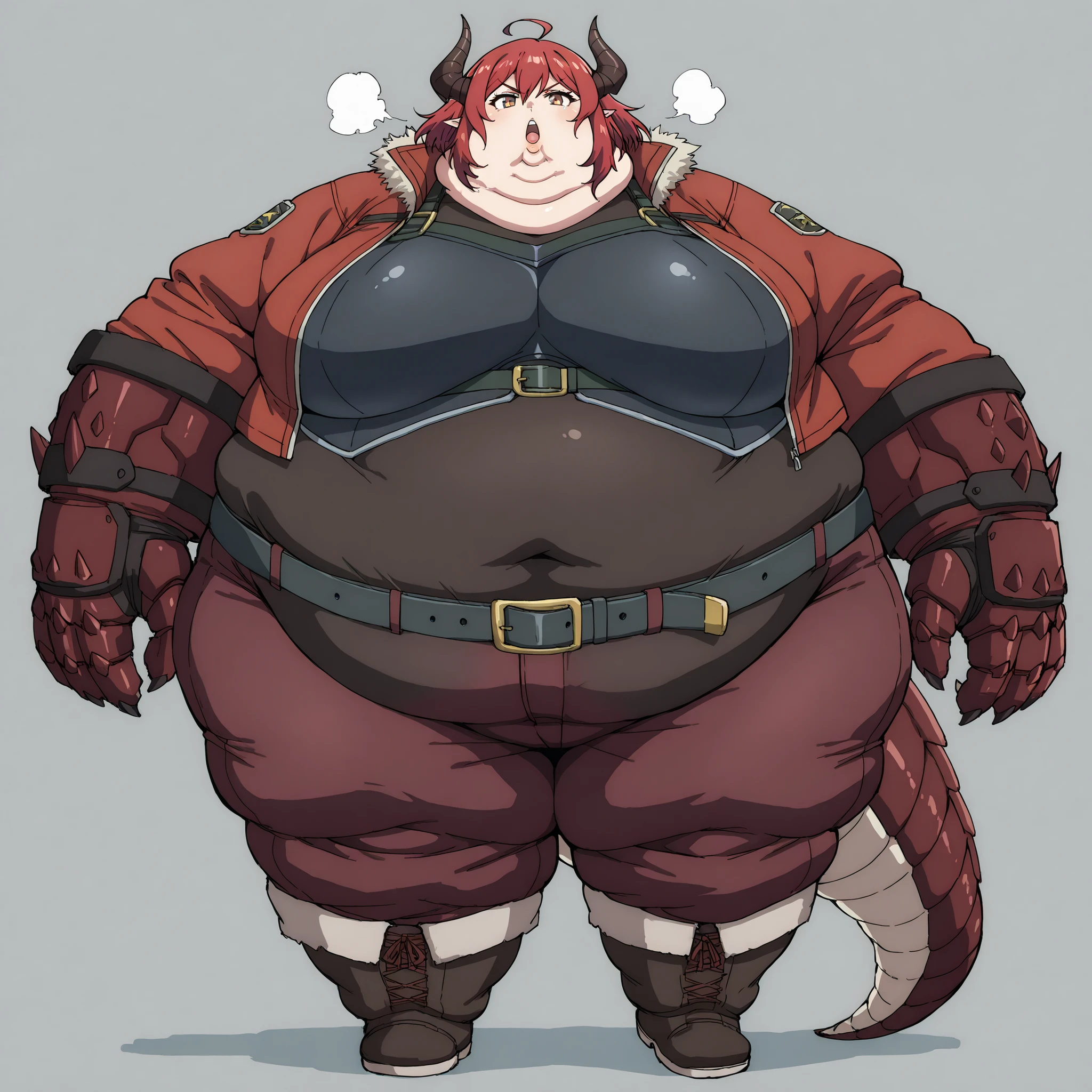 Curran
ahoge, covered navel, jacket, open jacket, red jacket, armor, belt, pants, boots, gloves, tail, breasts, fat, chubby, obese, fat neck, multiple chins, big breasts open mouth, out of breath, Larger female, full body shot, only head, large head, oversized limbs, large hands, large feet, oversized feet, oversized fingers, big lips, plump lips, fat face, fupa, big fupa, fat fupa,