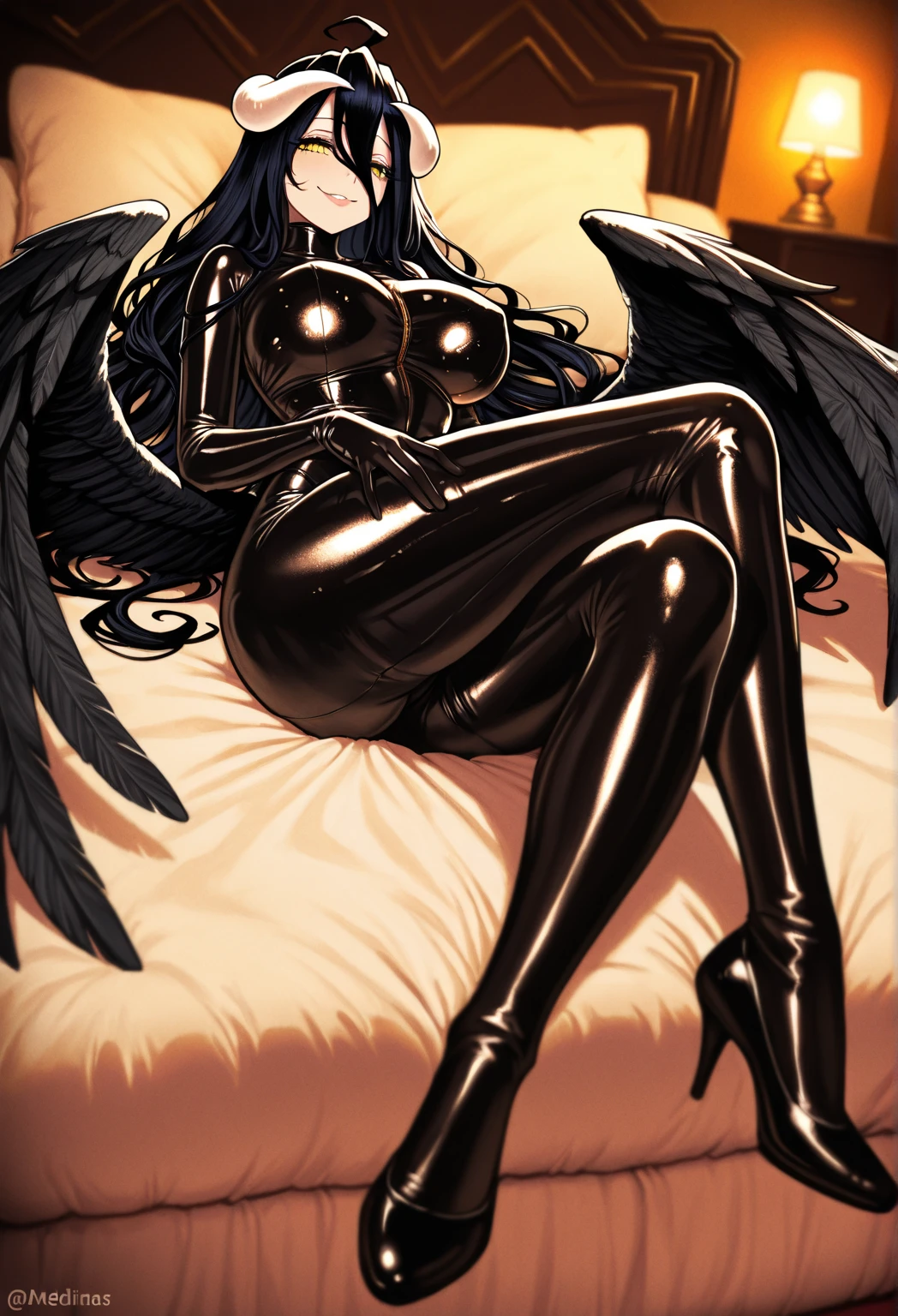 angel woman with white skin, green eyes, short shoulder-length black hair, black angel wings, wearing a beautiful black dress
