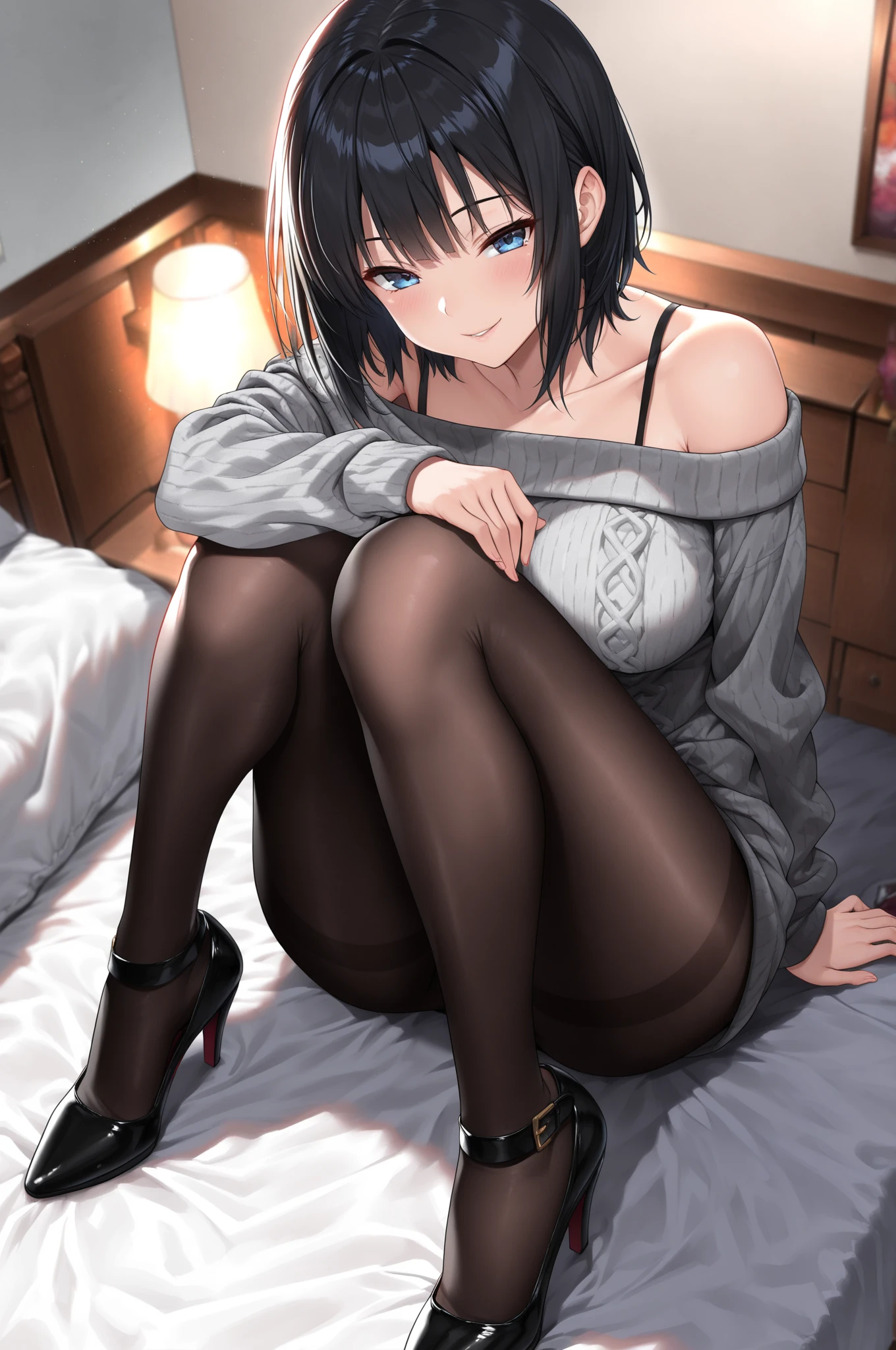 main piece、high quality、high resolution、1girl,single, Ruka Sarashina、jewelry、the skirt、sweaters、a necklace、black skirt、a woman with dark hair、short hair、black hair,beige ribbed sweater、socks、sweater with turtleneck、turtleneck、White Sox, blue eyes, long sleeve, skirt pleated black, bow, bow, blue hairband, bangs, big full breasts, cleavage, medium waist, medium hips, wide thighs, cowboy photo, smile, , embarrassed, hotel room, in bed,  , looking at viewer,pov(from above), finest, masterpiece, High resolution, (Full body view from head to toe), Composition from the front and slightly below, symmetrical composition, Composition with accurate balance throughout the body、16 years old, slim and beautiful girl, alone, (small breasts), (not wearing shoes),long messy brown hair, bangs, (black tights), (black pantyhose), (sitting on the floor with ), (Pose with legs spread on the bed), tied up with both arms hidden behind the back, (Composition showing white ), (her legs spread、I can see white .), (Open mouth with a pained expression), blush, shy big eyes, looking at camera, blazer uniform, plaid pleated skirt, smiling at you, grinning at you, blue , mekosuji, five fingers, big breast, 