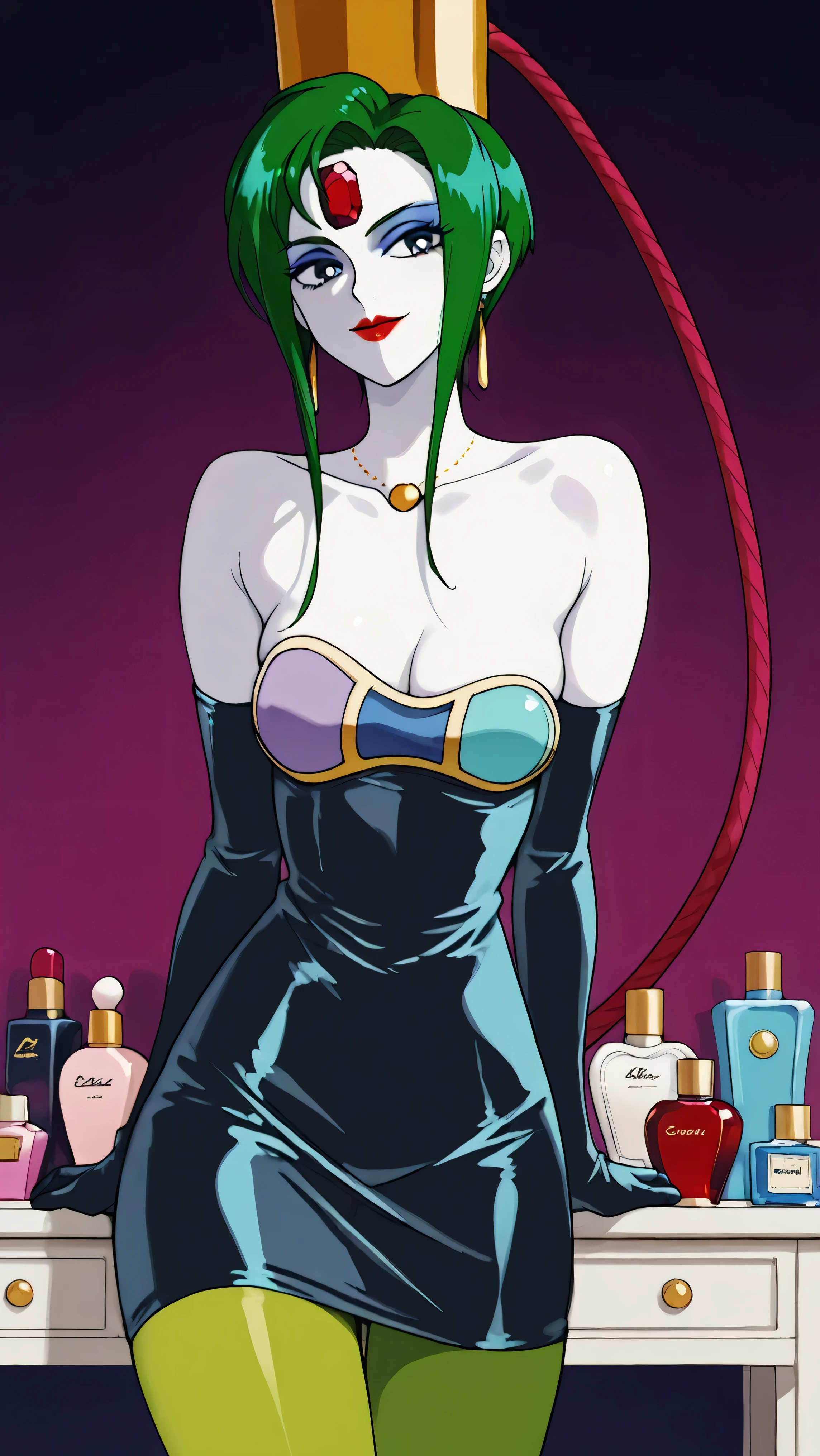 score_9,score_8_up ,score_7_up ,Very Cute Girls:5.0, masterpiece, high image quality, ,perfect face:5.0, very cute face, retro anime style,One Girl, Slim, heavy makeup:9.0 , green hair, white skin:5.0 , Red jewel on forehead, glossy clear red lipstick, big blue eyes, villain pose , Brutal Mockery , closed mouth with a big smile, Look back in a big way, 顔up, 顔ドup, gold round necklace, long thin gold earrings, red lips, Stylish white dressing table, solo, Perfume Bottle Shelf, colorful perfume bottle, the most skinny thighs, dark blue latex long sleeve grobe, strapless dark blue latex dress, dark blue latex short dress, green pantyhose, gold cap with red hose, クリーンな眉間, あざ笑う顔, big evil smile, 少し小さめサイズの胸