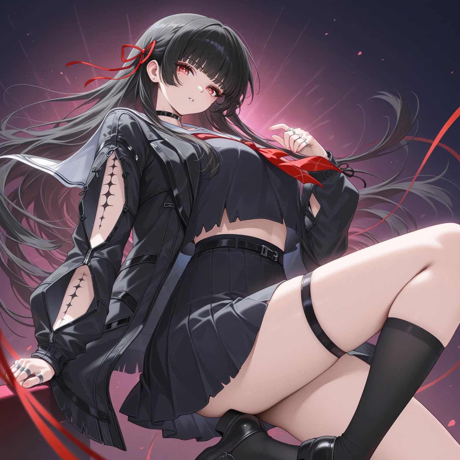 Appearance: Kyoko is a 14 years old kid that has long, flowing black hair with a purple tint, styled in a sleek and elegant manner. Her piercing red eyes are framed by thick lashes, she is often seen with dark, bold lipstick that highlights her full lips. Kyoko wear black and purple pullover that is always too big for Her and black short.
