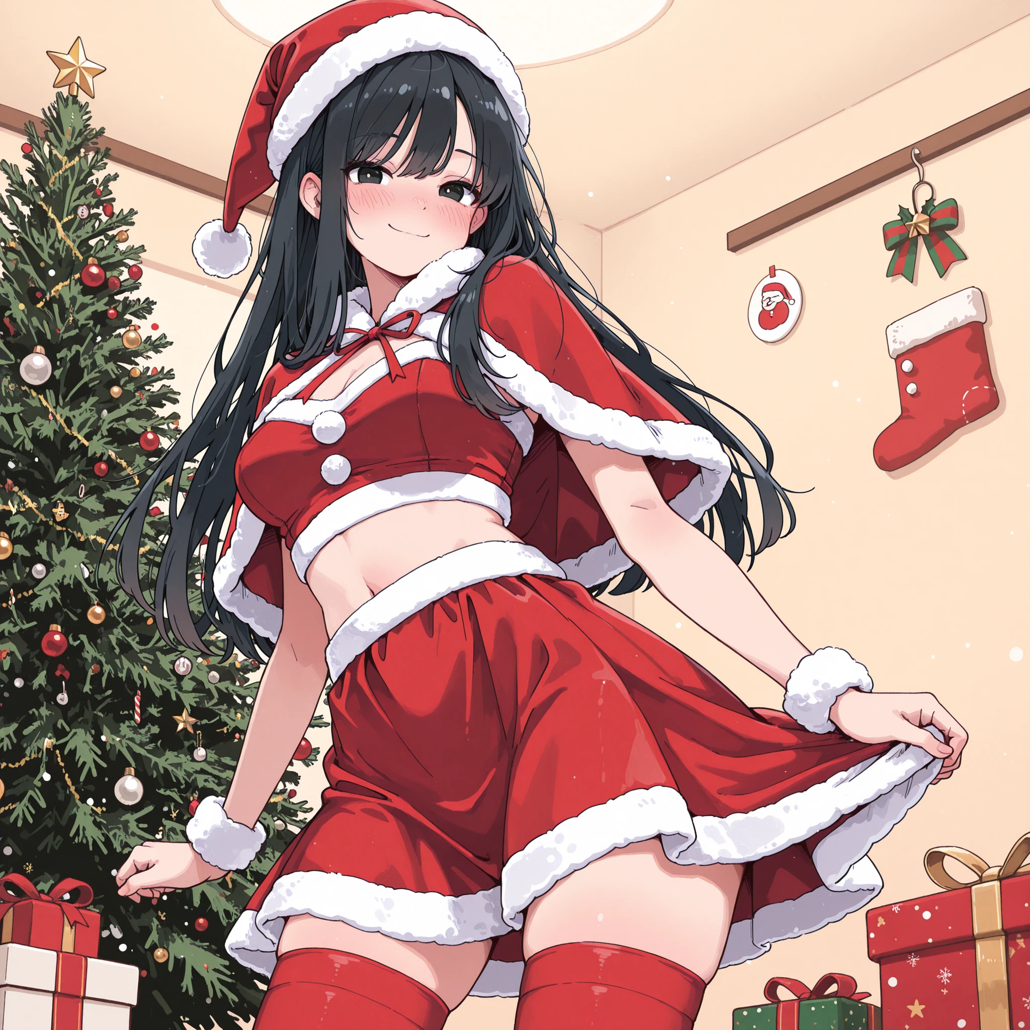  red Santa Claus costume, christmas skirt, red thigh-high stockings, White Fur Cuff , 
I'm playfully posing, Sunny Emotion, slight blush on the cheeks, 
Indoor, Christmas tree in the background, I have a few gifts, Christmas festivities, A warm and inviting atmosphere, 
top quality, masterpiece, Ultra High Definition, Very Detailed, solo, 
girl, long black hair, black eyes before vaginal intercourse, perfect face, fair skin, 
Perfect Anatomy, Smile Yan, 
height 145 cm, bust 78 cm, waist 55 cm, hips 78 cm, 