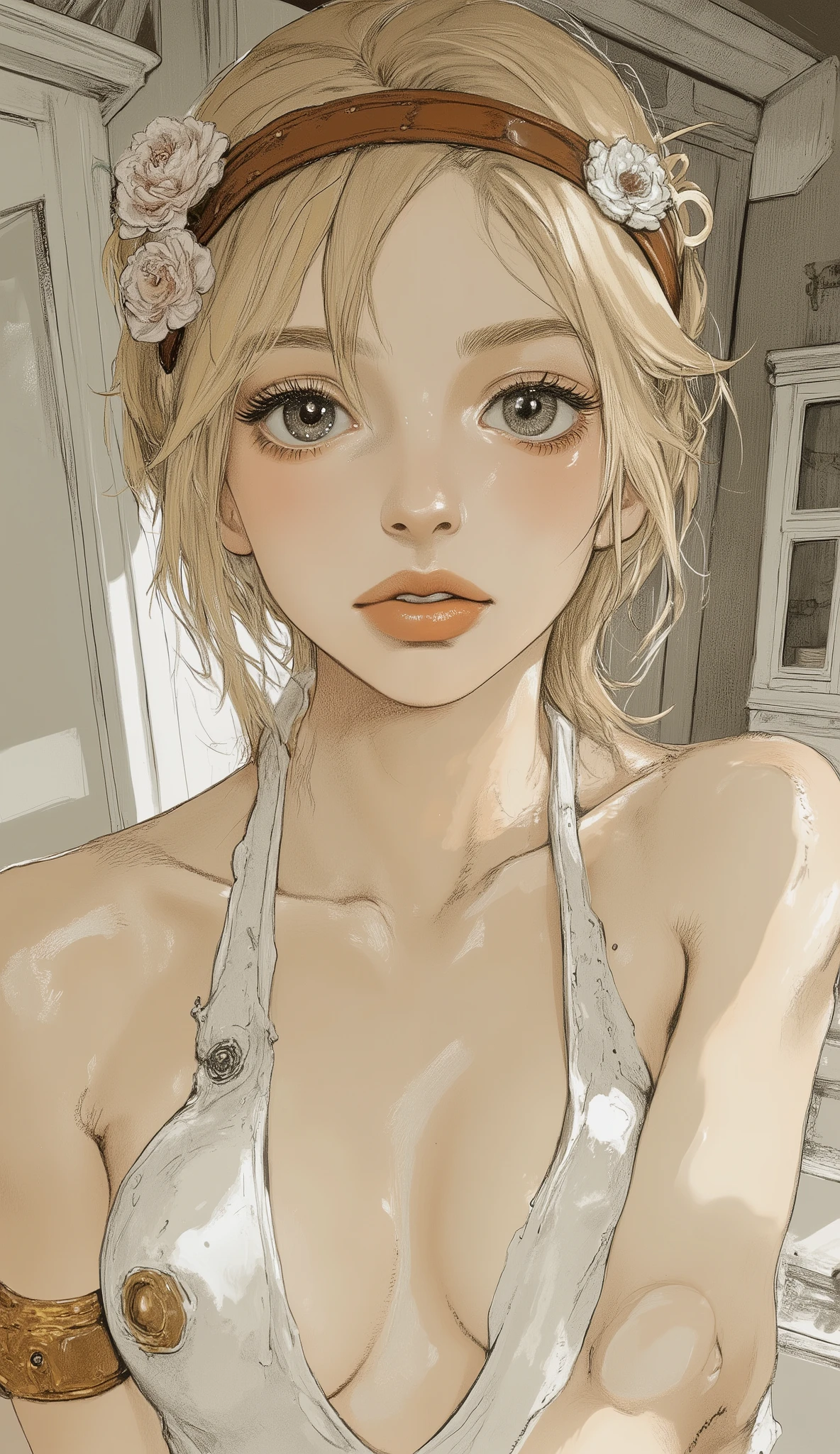 A young woman with impressive features stares directly at the viewer, with bangs and a brown headband Her blond hair styled. She wears a low-cut white halter top that broadly emphasizes her cleavage. gold armband adorns the upper arm, add classical elegance. her makeup stands out, Large, sparkling eyes with gray contact lenses, long eyelashes on the head, And faintly glossy lips. the background looks like white furniture, The left side of the wardrobe with a gorgeous carnation、cabinet with glass doors on the right side, suggests a bedroom or dressing area. lighting is soft and uniform, Her white skin stands out.