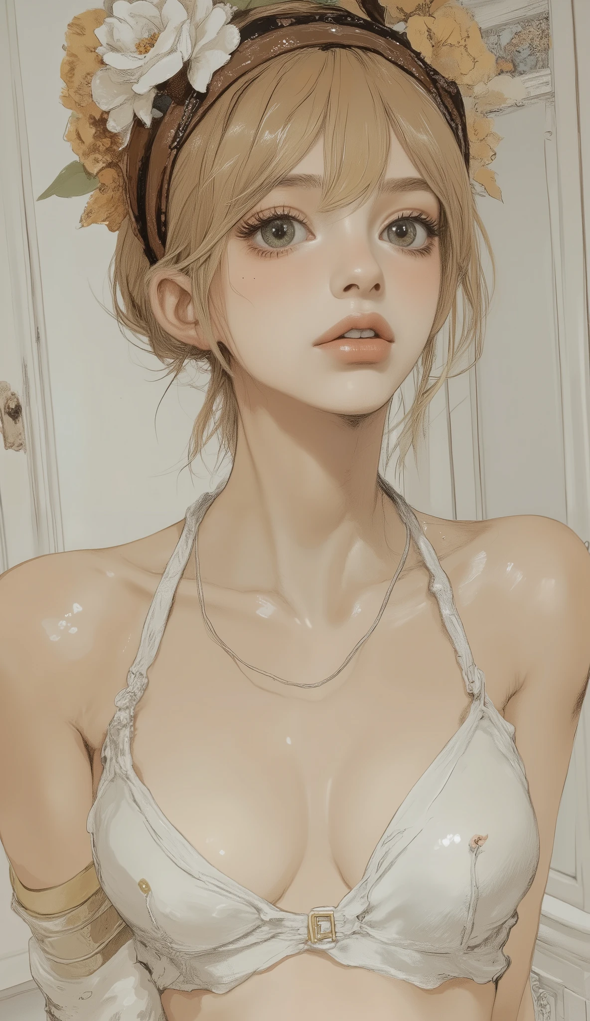 A young woman with impressive features stares directly at the viewer, with bangs and a brown headband Her blond hair styled. She wears a low-cut white halter top that broadly emphasizes her cleavage. gold armband adorns the upper arm, add classical elegance. her makeup stands out, Large, sparkling eyes with gray contact lenses, long eyelashes on the head, And faintly glossy lips. the background looks like white furniture, The left side of the wardrobe with a gorgeous carnation、cabinet with glass doors on the right side, suggests a bedroom or dressing area. lighting is soft and uniform, Her white skin stands out.