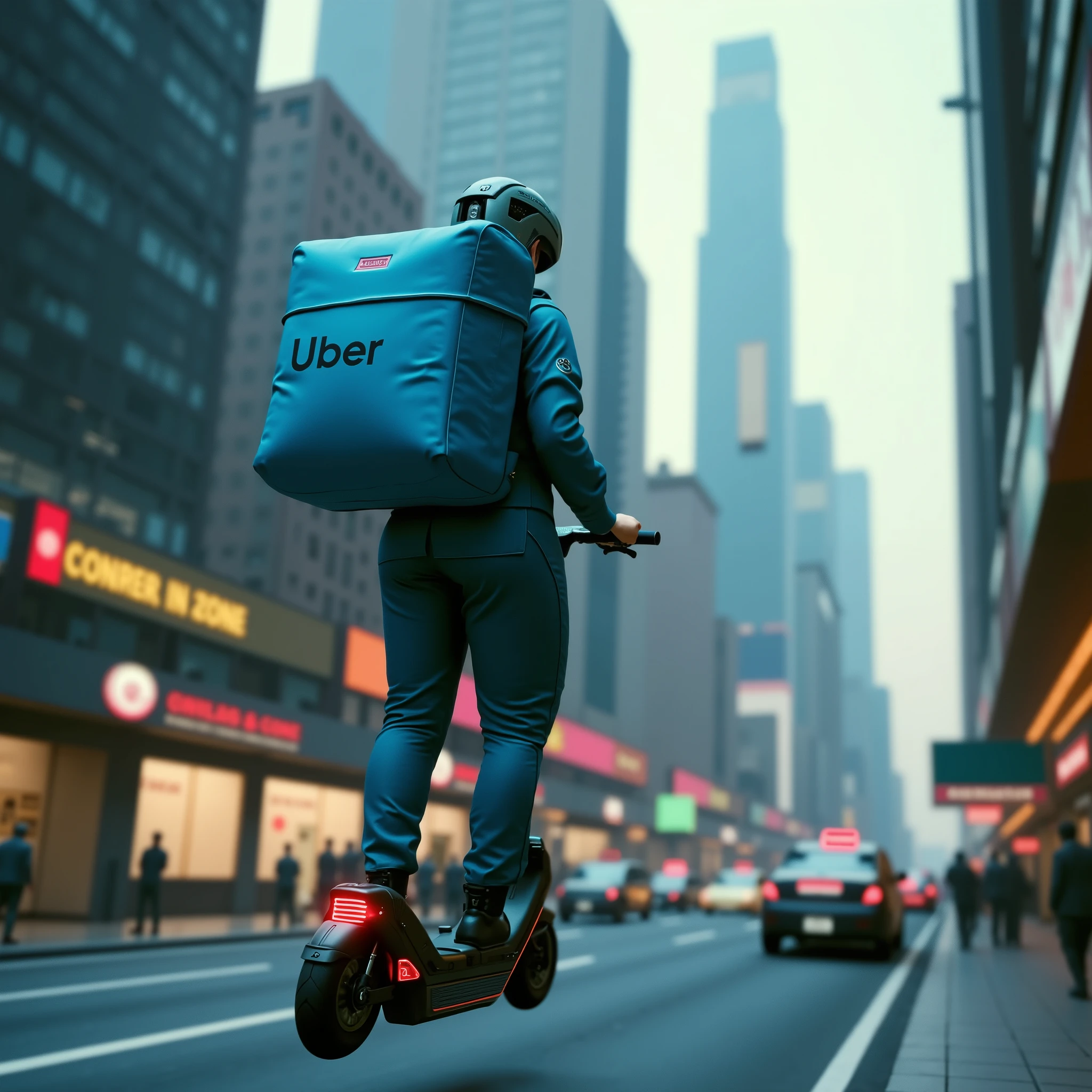 Flying, A realistic scene of a science fiction female delivery rider for Uber, Future city over the sky street evening lights, Insulated delivery bag, Antigravity scooter, Natural candid expression, Soft urban glow, Light motion blur, Everyday life atmosphere, Documentary-style realism, Cyberpunk