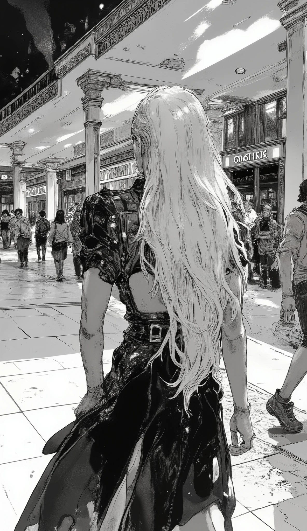 blond woman long gray hair and black dress walking in a mall, long gray hair, long white hair, very long silver hair, She has long blonde hair, her hair is white, perfect white haired girl, White Haired Woman, very long blond hair, girl with gray hair, Very long silver hair, Silver Long Hair, ridiculously long blonde hair