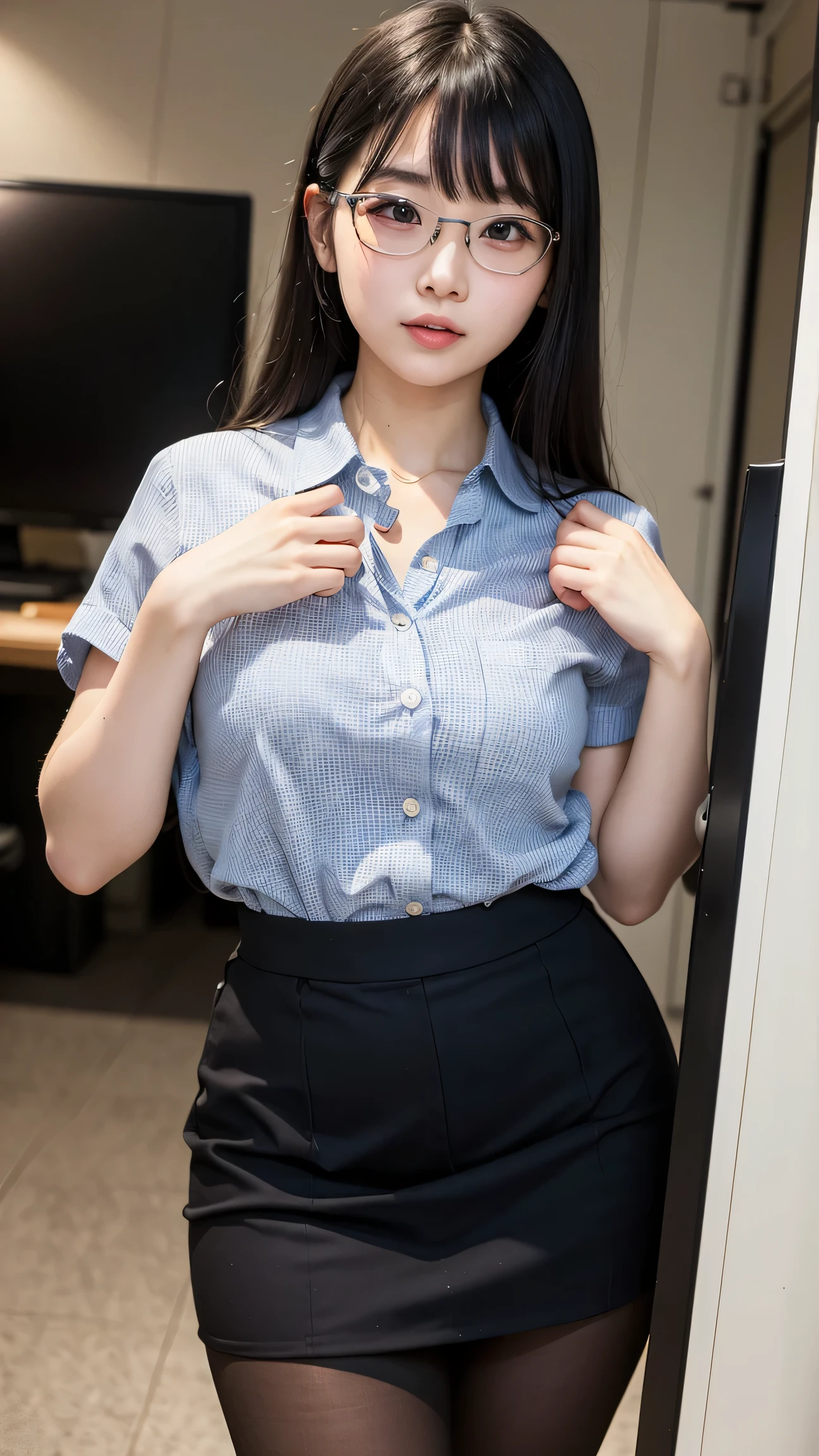 (Highest quality, 8K, masterpiece ), A 12-year-old junior high school student with a young face、Bun hairstyle、 Short Hairstyles、The eyes are large and clear、Black Hair、My shirt is about to tear、Big Breasts、Glamour thighs:1.2、satin button down shirt, Highly detailed face, double eyelid, Round face:1.2、whole body、Sexy thighs:1.2、Round face:1.3、Side angle,Diagonal horizontal angle:1.2、Pleated 、Sitting on a chair in a dark office at night、A computer is placed in a dark office