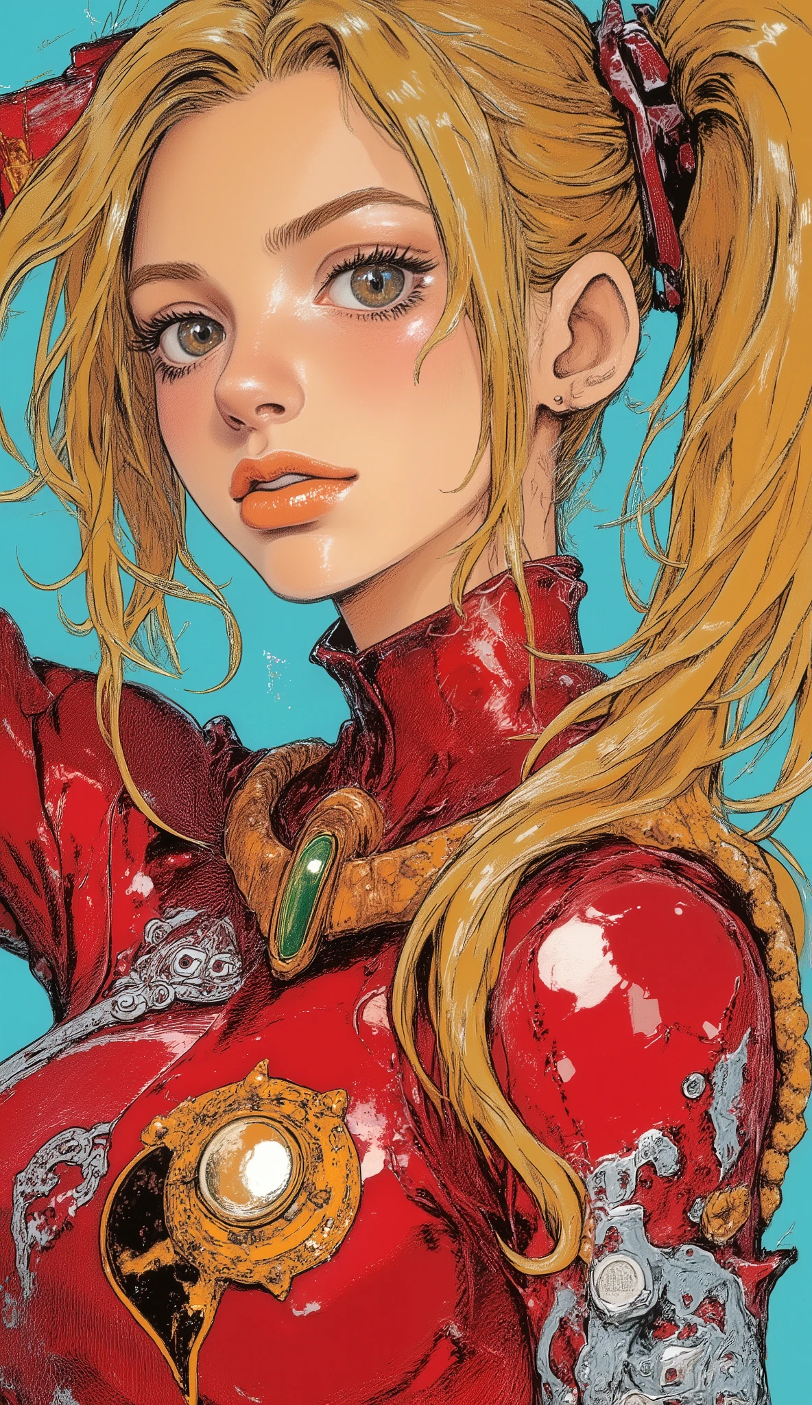 Blond haired woman with blue eyes and ponytail poses for photos, Anime Girl Cosplay, anime cosplay, Stop 4 *, Ayaka Cosplay, anime girl in real life, Stop 4, cute anime girl,  Enoshima Junko, cosplay pictures, anime barbie doll,  is wearing a red latex suit with Antakamaki, beautiful anime girl,  lori, Cute Anime Faces