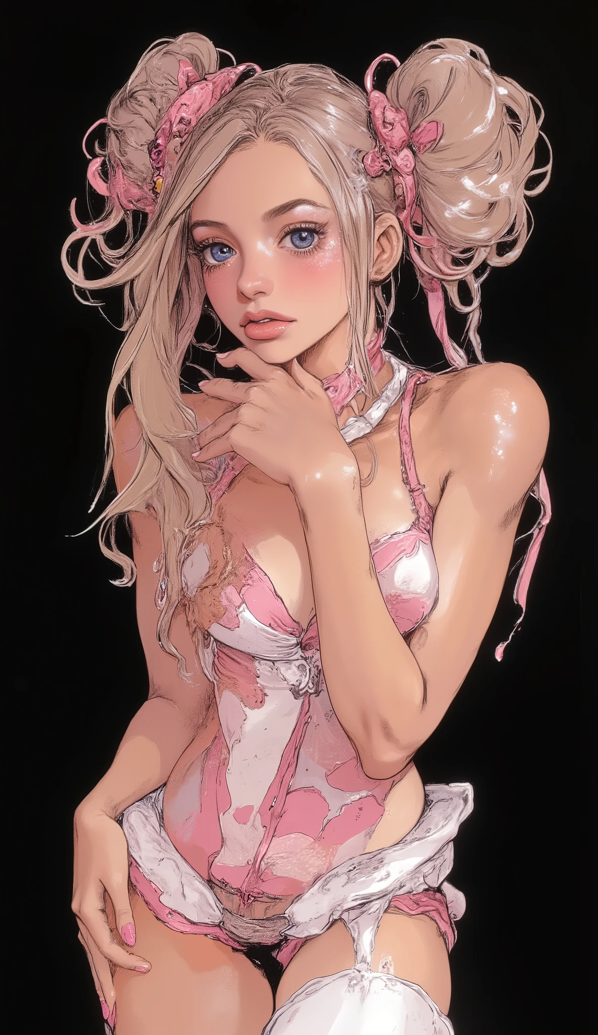 This charming portrait depicts a young woman with、and has impressive makeup, against a black background. has light blond hair flowing down her forehead、with large curls Voluminous pigtails frame the face. she has bright blue eyes、, dark eyeliner and long, Thick eyelashes, pink cheeks、shiny pink lips that complement her charm. with her hands gently placed close to her face、, 、gently raise one hand to the chin. wears a pale pink and white strap top、, shows slight cleavage, and thigh-high white stockings. lighting that highlights its features, create software, Attractive Atmosphere.