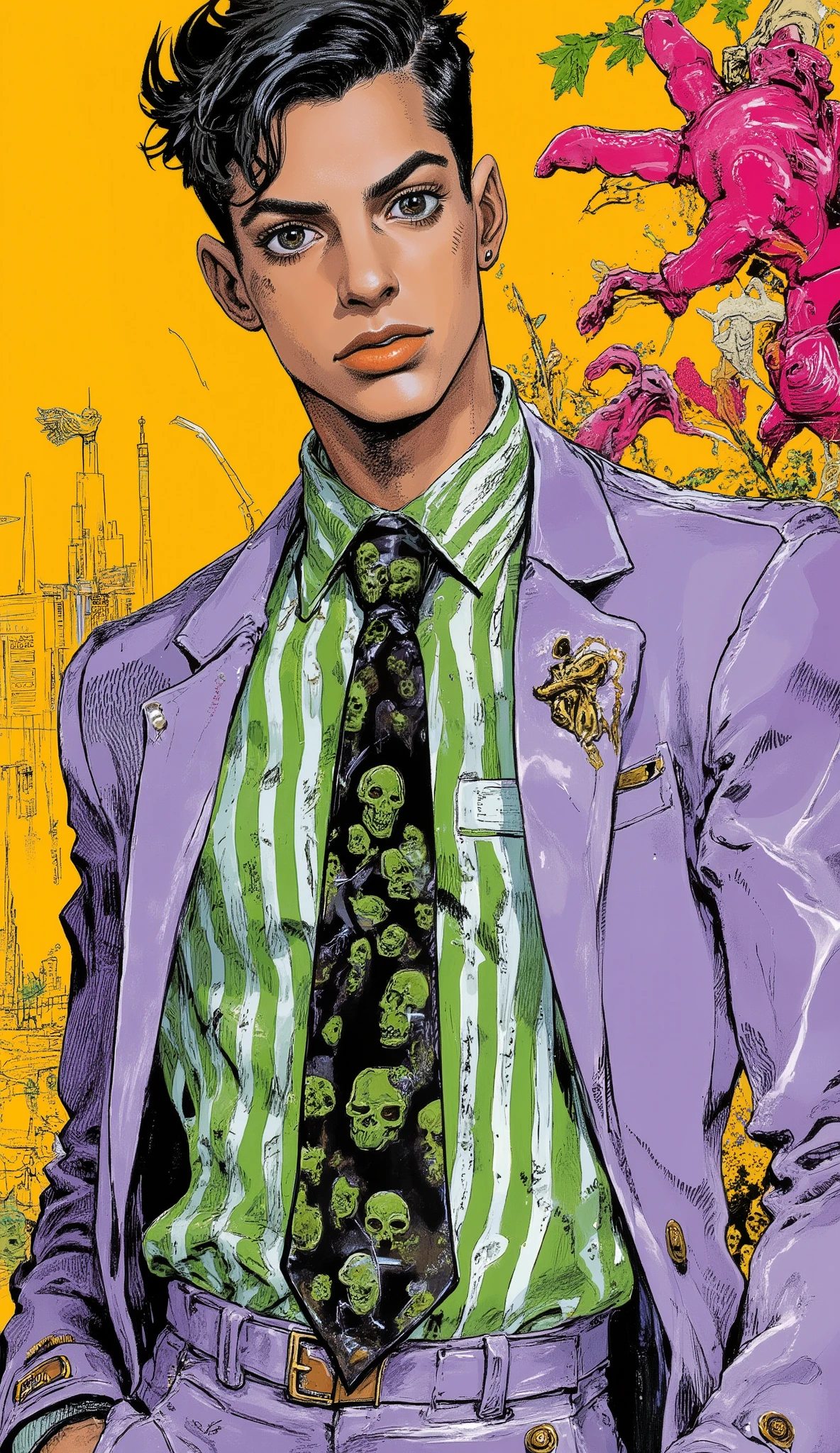 striped green shirt , skull pattern tie, light purple suit jacket, comic book style background, Dynamic Line , colorful pop art atmosphere