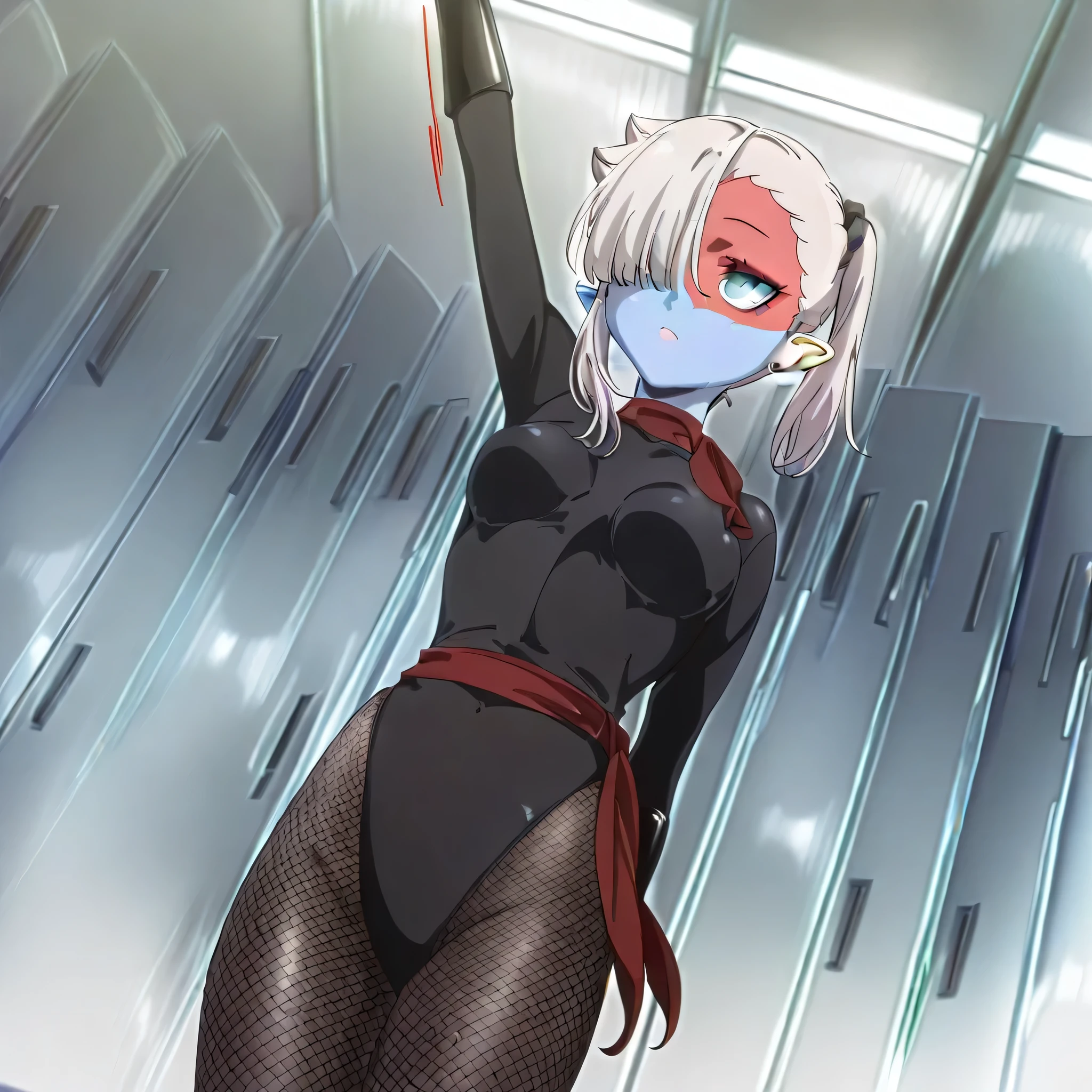 (((Masterpiece))), (((Best Quality))), ((Super Detail)), ultra-High resolution, score_9,score_8_up,score_7_up,score_6_up,score_5_up,score_4_up, BREAK, source_anime, anime screencap, uncensored, Masterpiece, (best shadow), (absurdres), (detailed background), (very aesthetic), detailed beautiful eyes, outstanding, an exquisite animation illustration, curvy, highres, shiny clothing, dark persona, empty eyes, blank eyes, shocker, black leotard, latex elbow gloves, brown fishnet pantyhose, red sash, neck, makeup, (((blue skin, colored skin, red skin))), (((solo, 1girl))), hair ornament, pose, submissive pose, anime style, anime coloring, animification, megami magazine, pose, dynamic angle, cinematic angle, dutch angle, dynamic composition, small , Ishikawa Luna, grey hair, pointy ears, blue eyes, medium hair, hair over one eye, single sidelock, side ponytail, scrunchie, earrings, side ponytail, hair flaps, ear piercing, salute, standing, standing at attention, standing still, expressionless, emotionless, looking ahead, legs together, closed legs, shocker salute, hand up, arm up, speed line, motion line, powerful, roar, armpit, school, indoor,