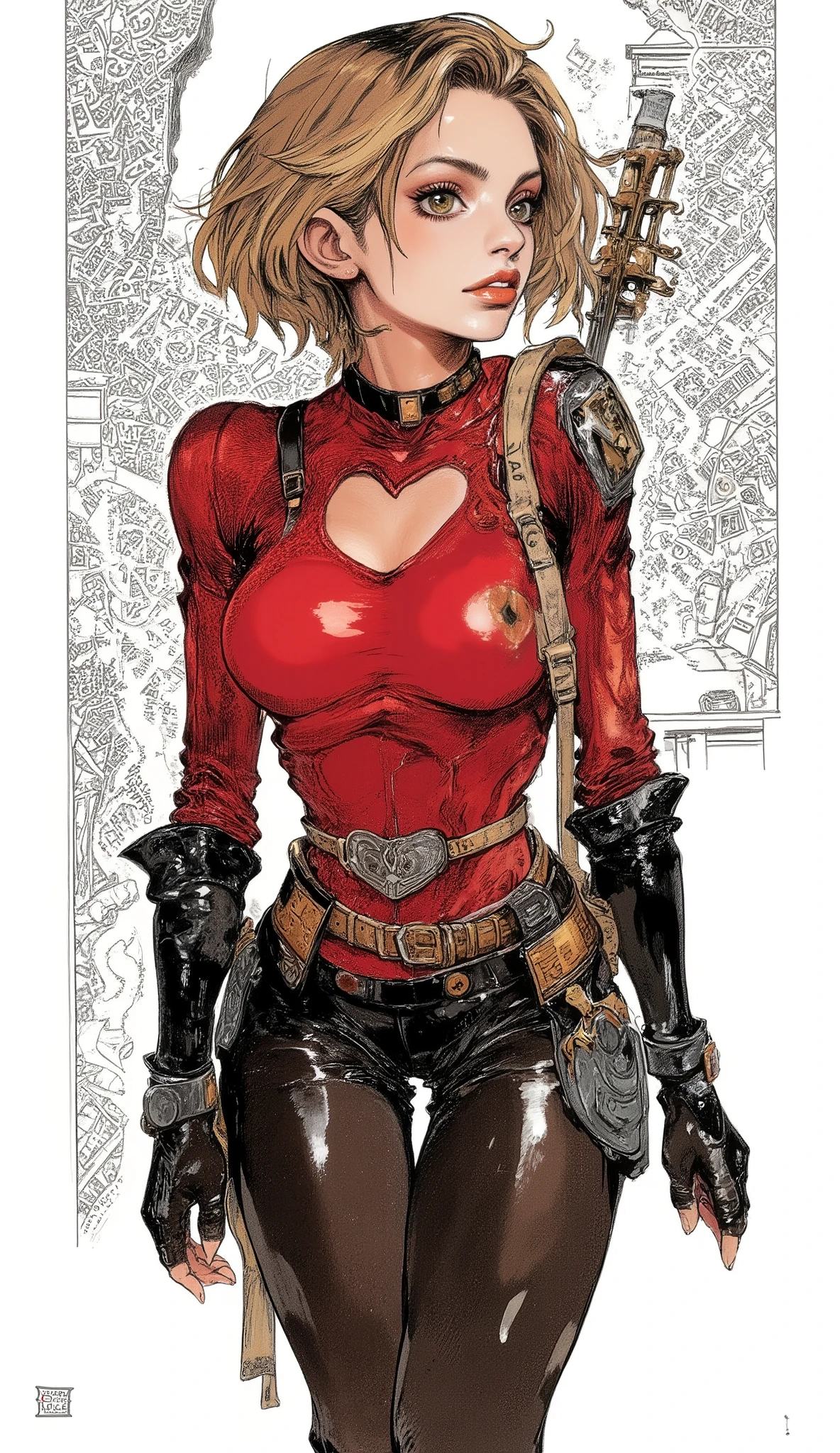 (Huge and amazing shot of the goddess, very hot and sexy, Breathtakingly Beautiful, completely blown away, beautiful body, slender beautiful body:1.1), 1 girl, tied behind cute honey , 赤い髪, short hair, big eyes, full of embarrassment , red top, Claverge Cut Out, black pantyhose, heart choker, elbow gloves , boots, (simple background, white background:1.5), front map with lots of logos,