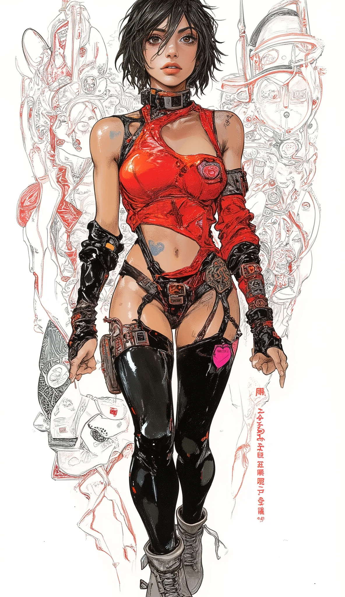 (Huge and amazing shot of the goddess, very hot and sexy, Breathtakingly Beautiful, completely blown away, beautiful body, slender beautiful body:1.1), 1 girl, tied behind cute honey , 赤い髪, short hair, big eyes, full of embarrassment , red top, Claverge Cut Out, black pantyhose, heart choker, elbow gloves , boots, (simple background, white background:1.5), front map with lots of logos,
