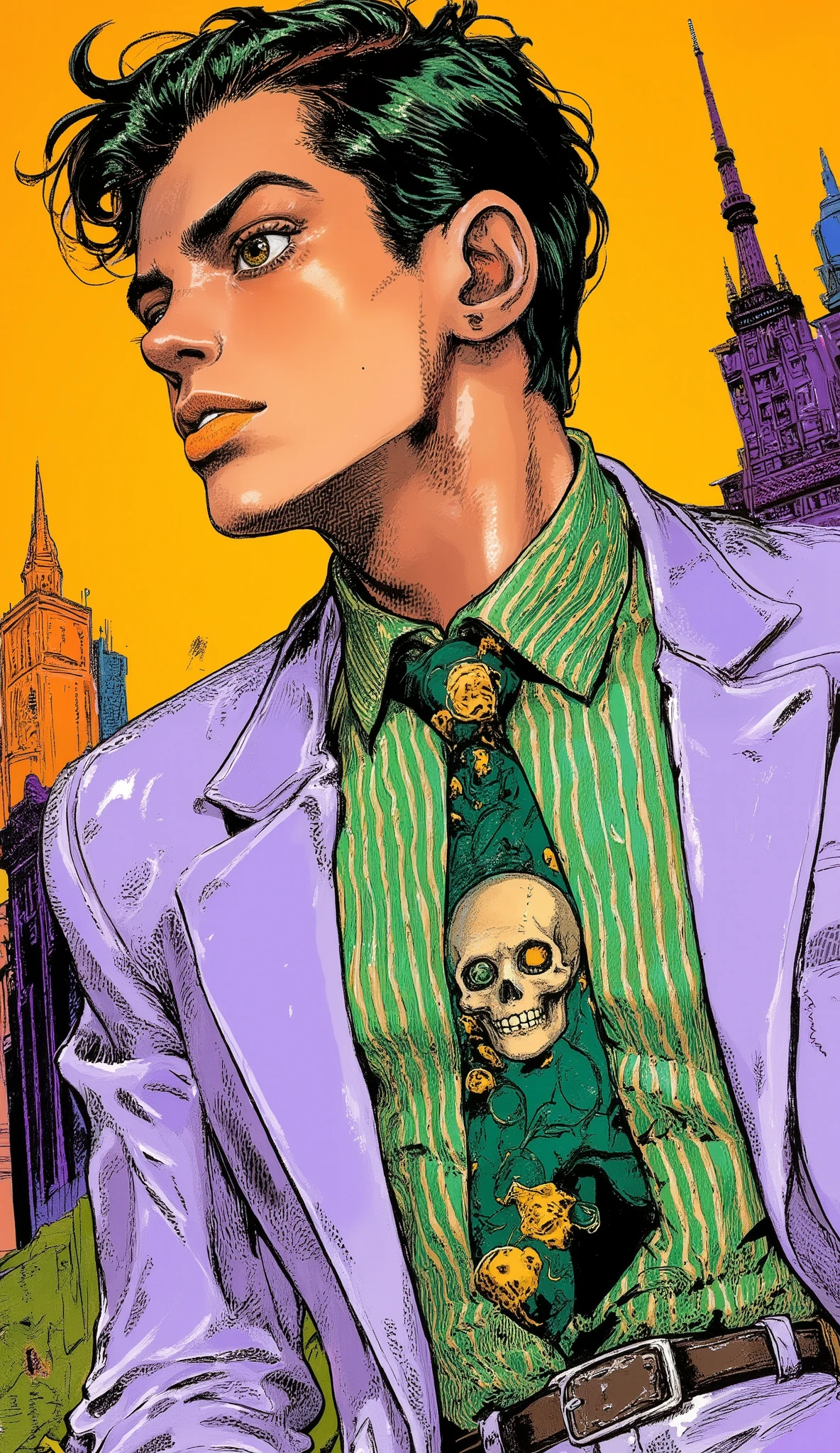 striped green shirt , skull pattern tie, light purple suit jacket, comic book style background, Dynamic Line , colorful pop art atmosphere