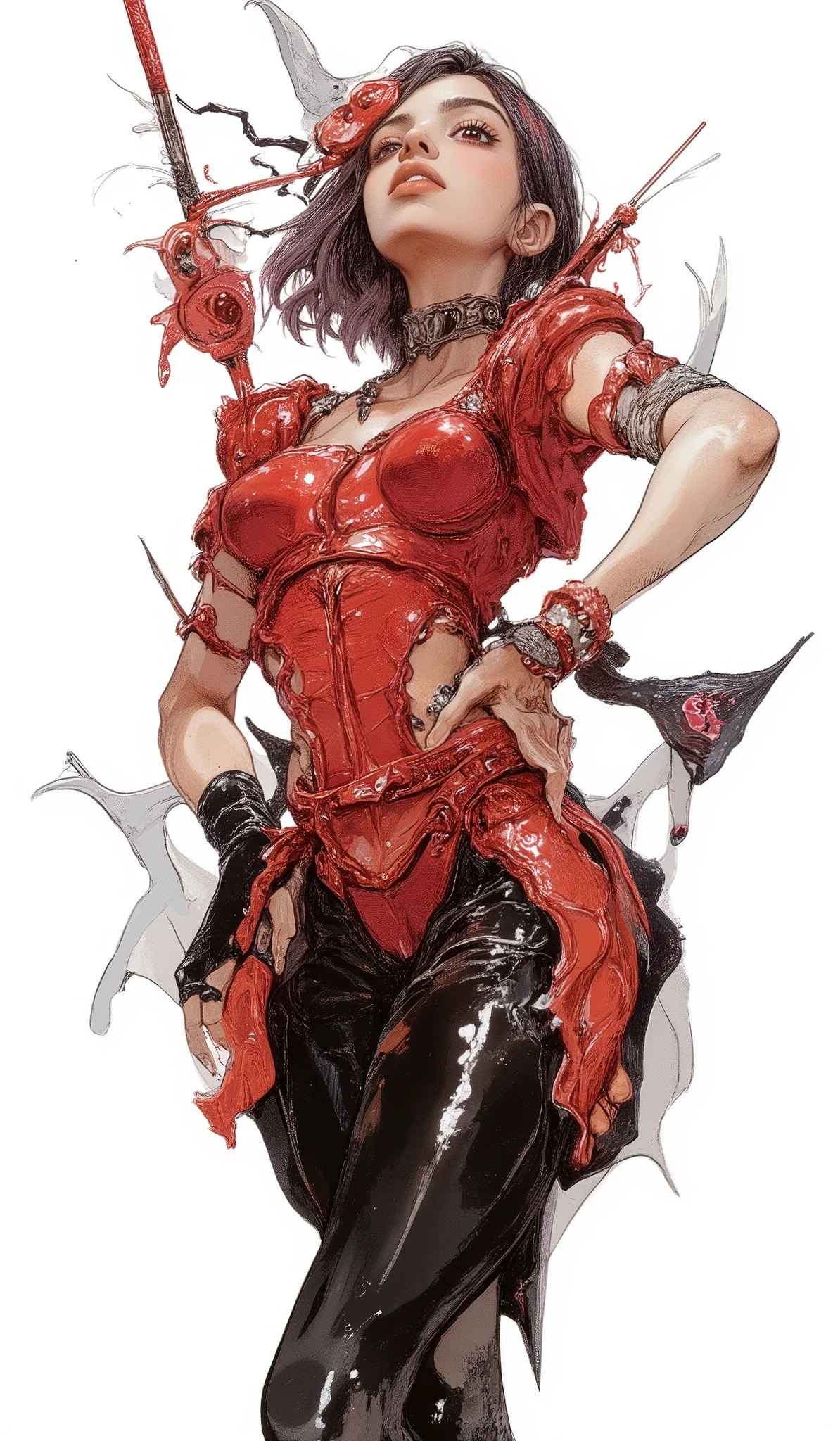 (Huge and amazing shot of the goddess,zoom up on the basin、upper body、 very hot and sexy, Breathtakingly Beautiful, completely blown away, beautiful body, slender beautiful body:1.1), 1 girl, cute, 赤い髪, short hair,casual perm hair with volume、 big eyes, full of embarrassment , red top, Claverge Cut Out, black pantyhose, heart choker, elbow gloves , dynamic pose、dynamic composition、(simple background, white background:1.5), place your hands on your hips