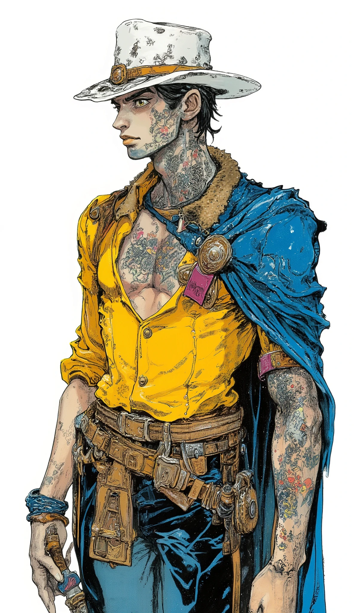 The character is depicted in a confident standing pose, wearing a yellow shirt with the top buttons off, The tattoo's chest is visible. A blue cloak with a fur collar adds dramatic style to his costume. The character wears a spotted white hat. he has a sword in his right hand , 。The tattoo is visible on both arms and left hand. The overall illustration is stylish and adventurous.