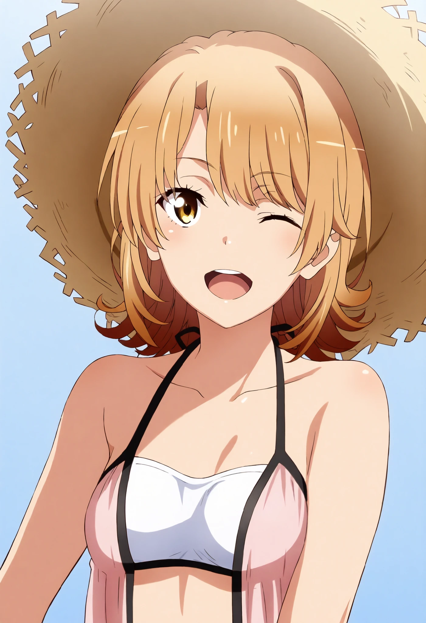 , masterpiece, top quality,
1girl, solo, open mouth, smile, WITH ONE EYE CLOSED,
Isshiki Iroha,
straw hat, halter neck, white bandeau, black trim, white bikini,