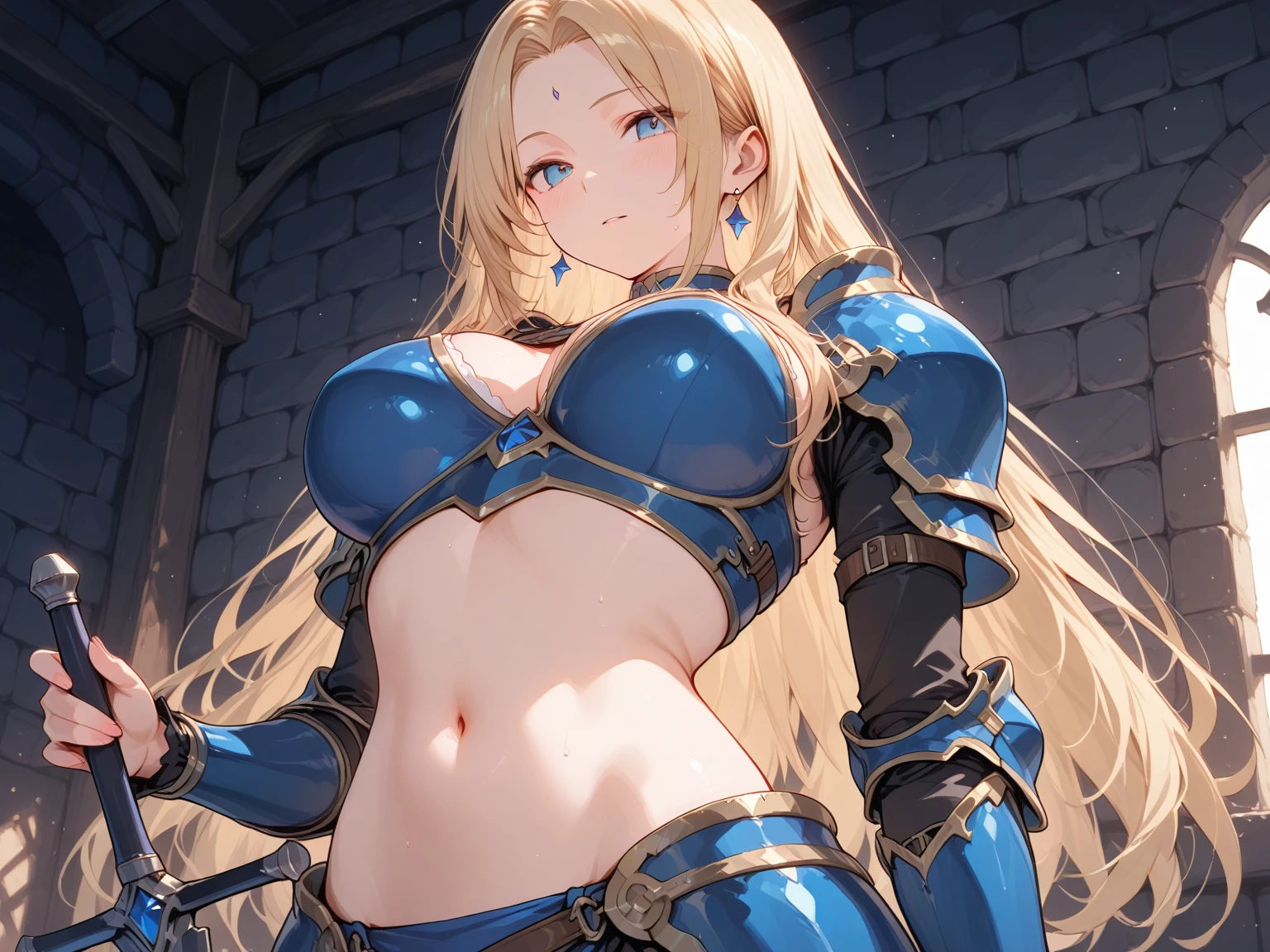 masterpiece, best quality, 1girl, , solo, blonde-hair, blue-eyes, pelvic-curtain, navel, armor, large-breasts, ponytail, cape, cleavage, gloves, weapon, looking-at-viewer, smile, boots, fingerless-gloves, full-body, very-long-hair, standing, revealing-clothes, bikini-armor, black-gloves, fur-trim, simple-background, thighhighs, stomach, hand-on-hip, gauntlets, shoulder-armor, hair-bow, closed-mouth, bow, high-heels, midriff, armored-boots, hand-up, thigh-boots, thighs, ribbon, hair-between-eyes, v-shaped-eyebrows, blush, hair-ribbon, 
