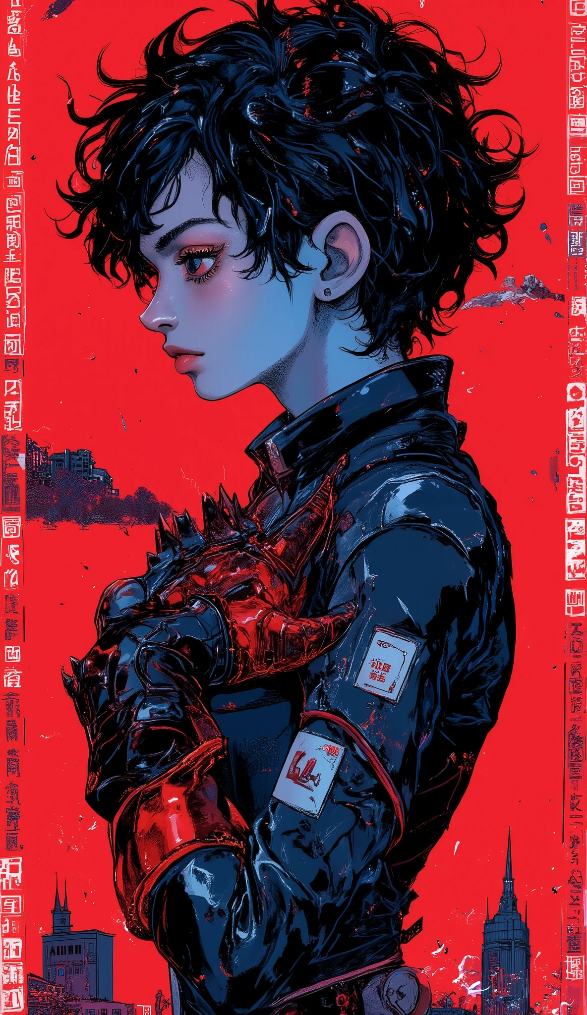 short curly hair, A high school girl in a dark blue sailor suit stands on a dark blue background、Profile、dynamism of destruction, red and black spiked gauntlet, Arms-folded posture , bold red background , front light between downtown, Creates subtle shadows, dramatic and powerful atmosphere, front map with lots of logos, sharp concentration, Brilliant Color Contrast.
