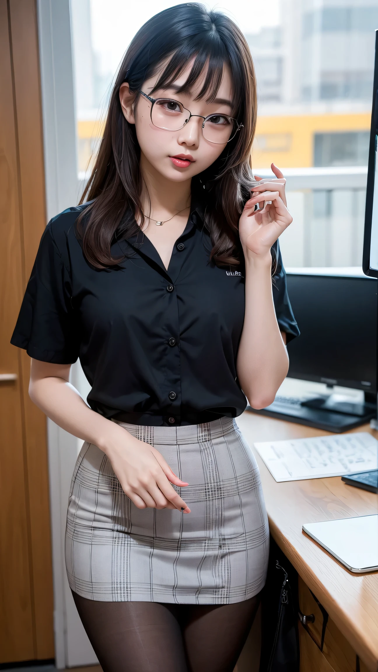 ((top-quality、​masterpiece、photographrealistic:1.4、in 8K))、Beautuful Women１a person、25years old、beautiful hairl、delicate and beautiful face、Eyes and faces with detailed 、(Modern workplace with computer:1.2)、(Shirt:1.2)、(standing:1.2)、A smile、Beautiful lighting、Textured skin、Super Detail、high detailing、High quality、hight resolution、（looking at the viewers）、Detailed mouth、Opening Mouth、full body Esbian、tight skirts、Women at work、Fishnet Stockings、Coffee、window、Women who can work、high-heels,  short hair