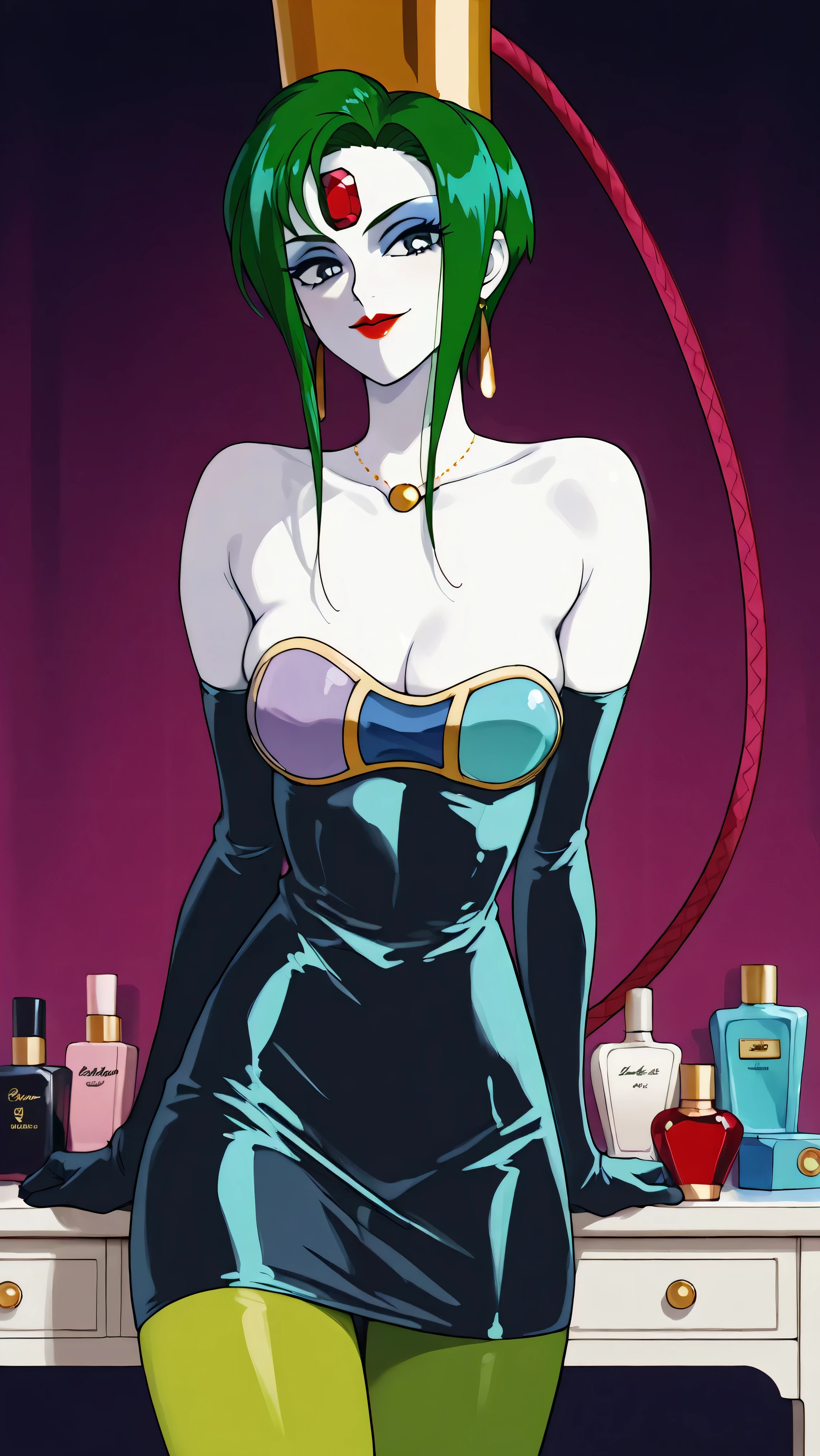 score_9,score_8_up ,score_7_up ,Very Cute Girls:5.0, masterpiece, high image quality, ,perfect face:5.0, very cute face, retro anime style,One Girl, Slim, heavy makeup:9.0 , green hair, white skin:5.0 , Red jewel on forehead, glossy clear red lipstick, big blue eyes, villain pose , Brutal Mockery , closed mouth with a big smile, Look back in a big way, 顔up, 顔ドup, gold round necklace, long thin gold earrings, red lips, Stylish white dressing table, solo, Perfume Bottle Shelf, colorful perfume bottle, the most skinny thighs, dark blue latex long sleeve grobe, strapless dark blue latex dress, dark blue latex short dress, green pantyhose, gold cap with red hose, クリーンな眉間, あざ笑う顔, big evil smile, 大きめサイズの胸