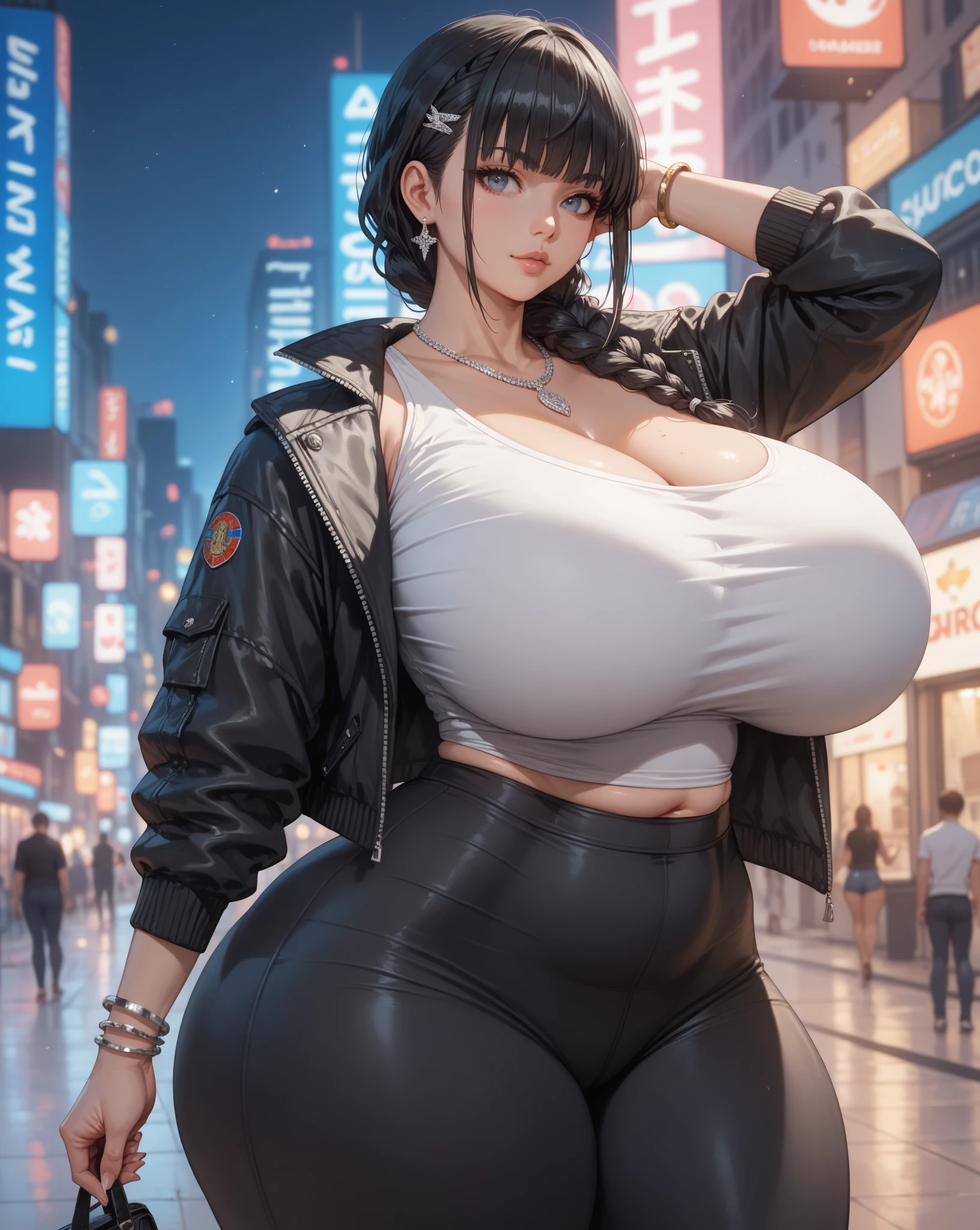masterpiece, (photorealistic:1.4), best quality, beautiful lighting, (ulzzang-6500:0.5), 

lucy \(cyberpunk\), 1girl, against railing, arm rest, bangs, ???? shoulders, belt, black belt, black leotard, black pants, blurry, bob cut, ???????, building, cityscape, clothing cutout, cropped jacket, cyberpunk, depth of field, from side, gradient eyes, grey eyes, grey hair, jacket, leotard, lips, long sleeves, looking afar, looking ahead, mechanical parts, ??????????????, multicolored eyes, multicolored hair, night, night sky, off shoulder, ????????????, open jacket, outdoors, pants, parted lips, railing, red eyeliner, science fiction, short hair with long locks, short shorts, shorts, sidelocks, sky, solo, standing, teeth, thigh cutout, upper teeth only, white jacket, white shorts, cyberpunk \(series\), cyberpunk edgerunners,  RAW photo, 8k uhd, film grain, (chubby:1.2), (????????????:1.3), (wide ????:1.3)