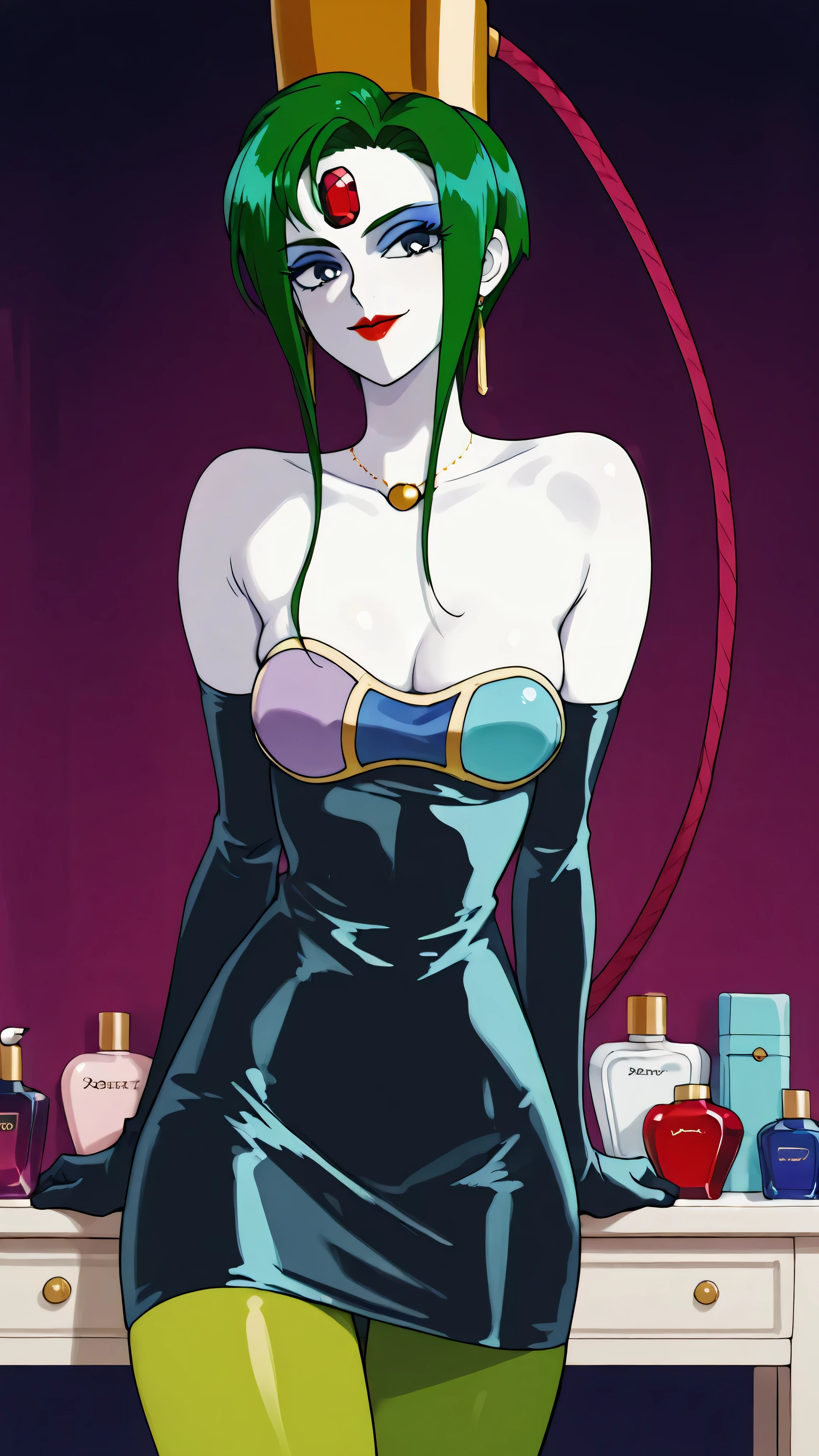 score_9,score_8_up ,score_7_up ,Very Cute Girls:5.0, masterpiece, high image quality, ,perfect face:5.0, very cute face, retro anime style,One Girl, Slim, heavy makeup:9.0 , green hair, white skin:5.0 , Red jewel on forehead, glossy clear red lipstick, big blue eyes, villain pose , Brutal Mockery , closed mouth with a big smile, Look back in a big way, 顔up, 顔ドup, gold round necklace, long thin gold earrings, red lips, Stylish white dressing table, solo, Perfume Bottle Shelf, colorful perfume bottle, the most skinny thighs, dark blue latex long sleeve grobe, strapless dark blue latex dress, dark blue latex short dress, green pantyhose, gold cap with red hose, クリーンな眉間, あざ笑う顔, big evil smile, 大きめサイズの胸